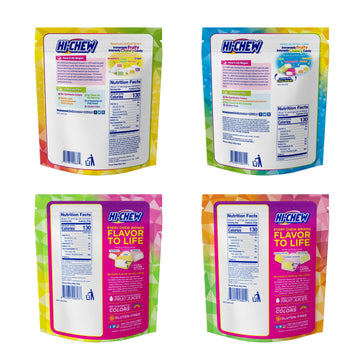 Hi-Chew Variety Pack, 4 Stand Up Pouches | Original Tropical Fruit Combos Sweet & Sour | Unique Fun Soft & Chewy Taffy Candy | Immensely Juicy Exotic Fruit Flavors | Individually Wrapped For Sharing