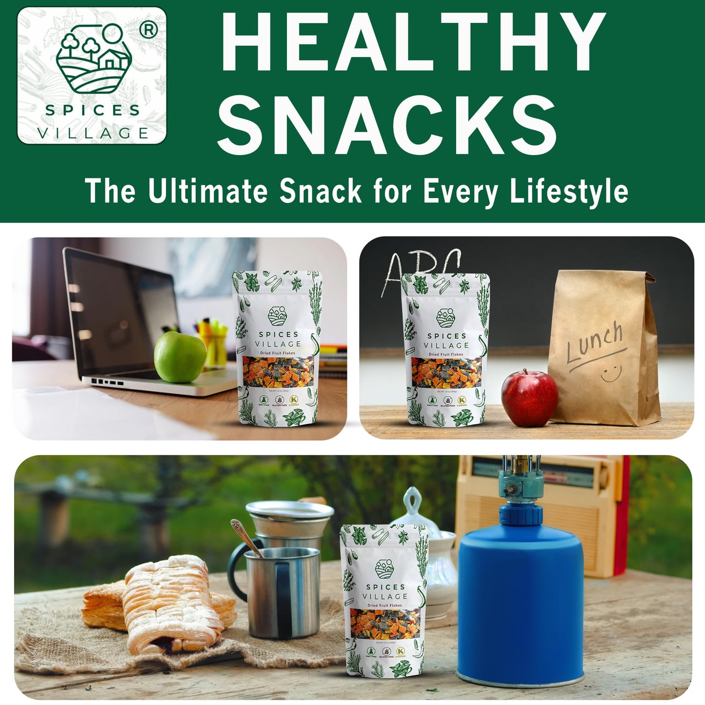 Spices Village Fruit Snacks, Fruit Strips Flakes Mix, No Sugar Added,10 Oz, No Additives, Kosher, Mix Of Natural Apple, Pear, St