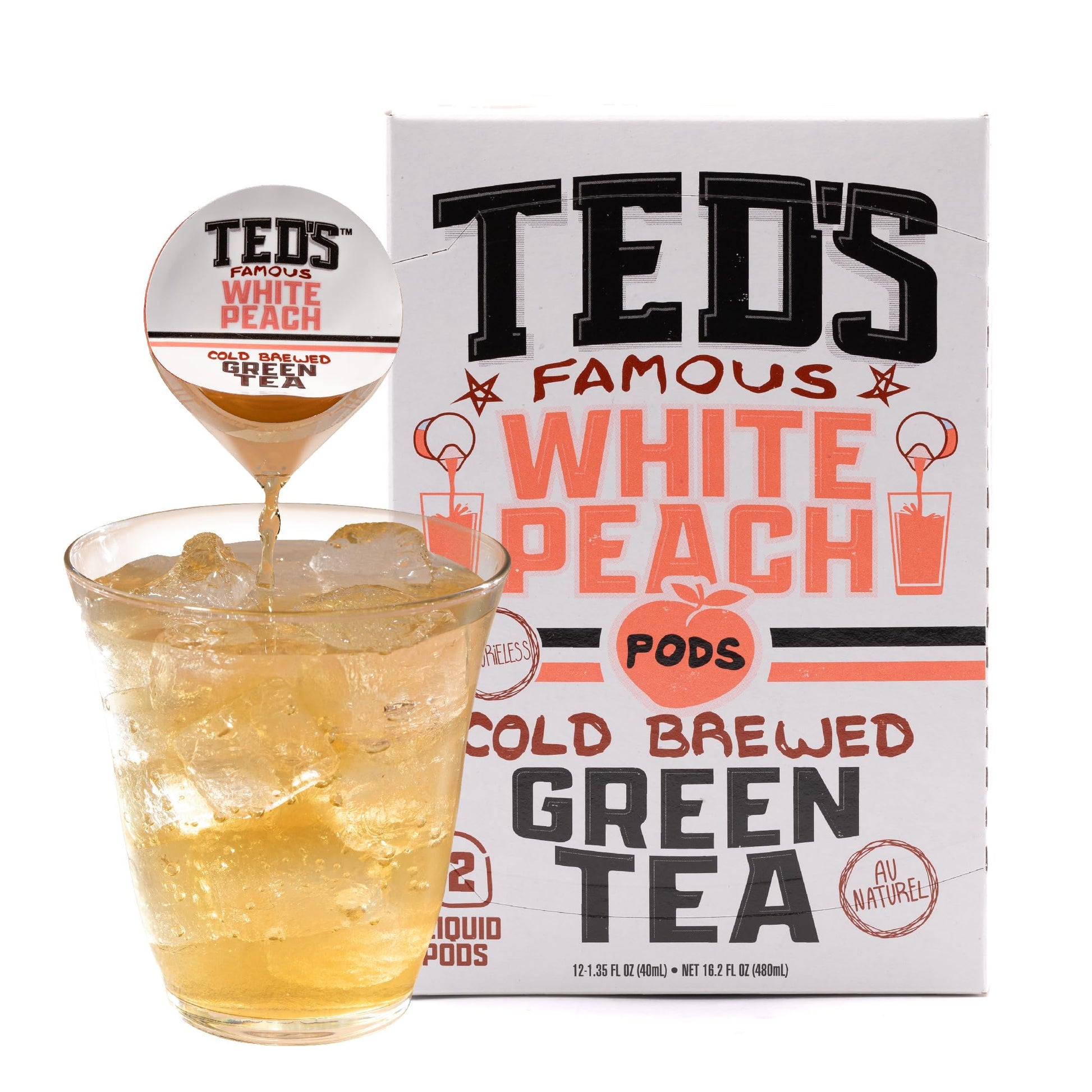 Teds Tea by Java House - Single Serve Liquid Concentrate Pods - Peel and Pour - White Peach Green Tea - Pack of 12