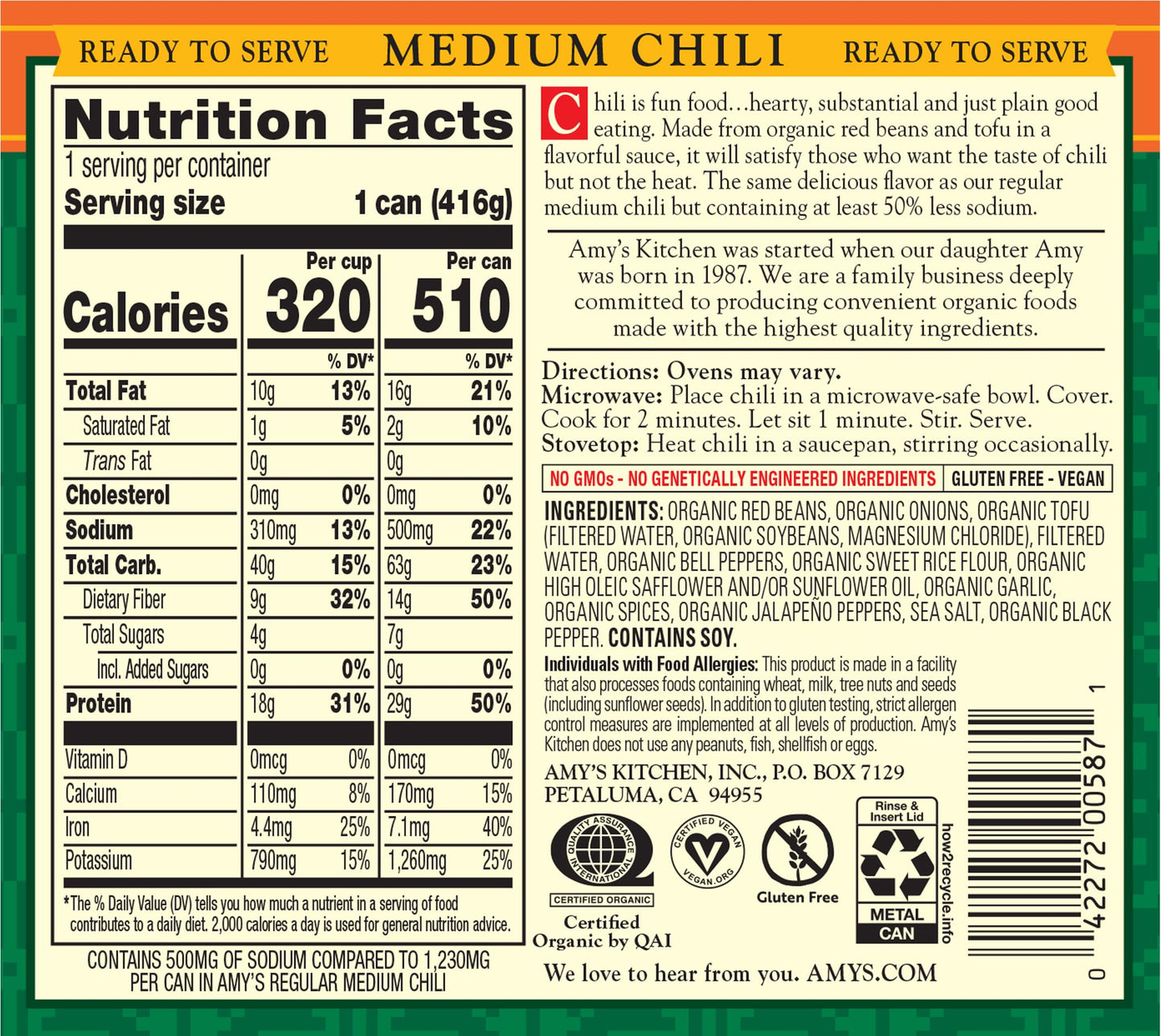 Amy S Organic Chili, Vegan Medium Chili, Light In Sodium, Gluten Free, Made With Organic Red Beans And Tofu, 14.7 Oz (12 Pack)