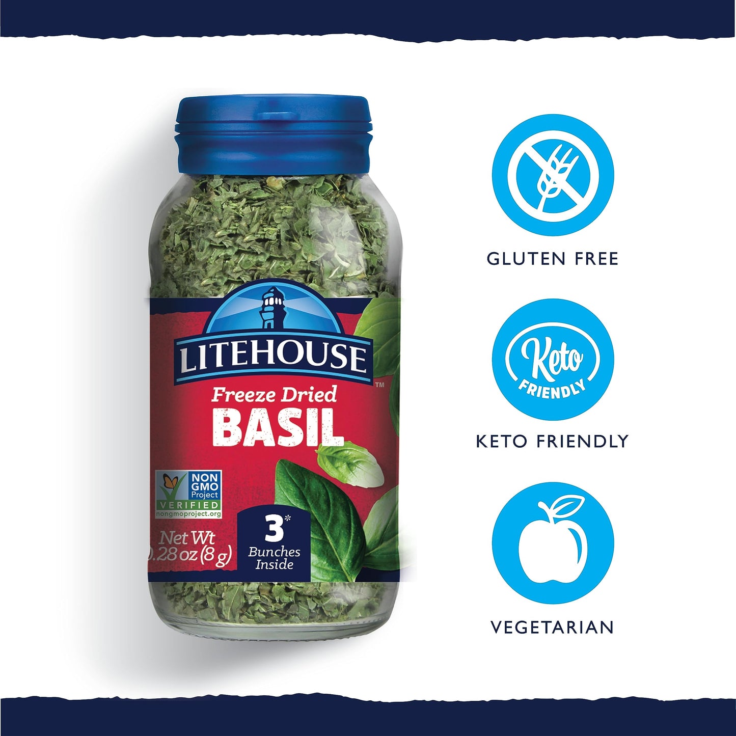 Litehouse Freeze Dried Basil - Dried Basil Leaves, Substitute for Fresh Basil Leaves, Organic, Dried Basil Seasoning, Equal to 3