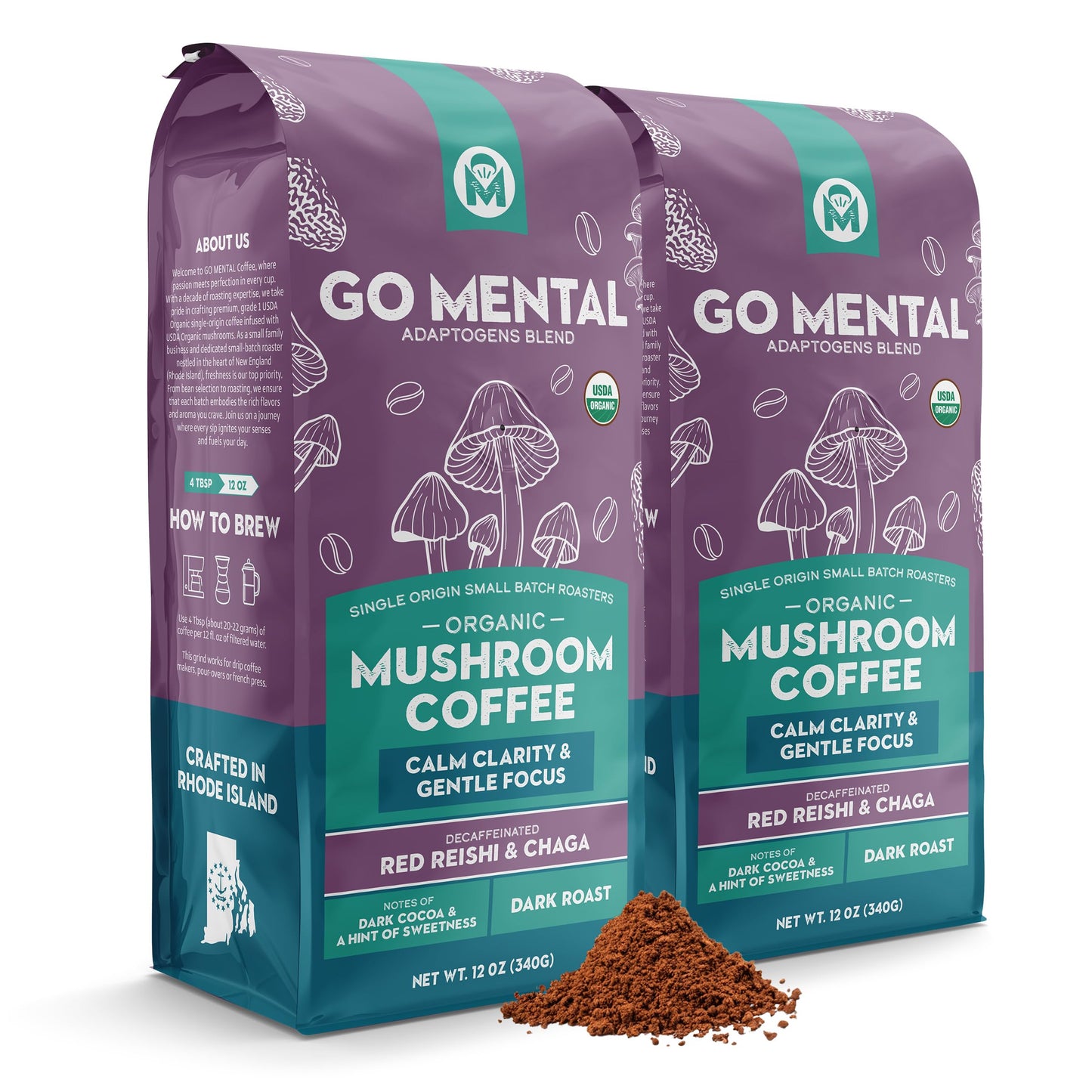 Organic Mushroom Decaffeinated Coffee Dark Roast  Swiss Water Water Process  Red Reishi & Chaga  Decaf For Calm And Relaxed Focus  Grade 1 Single Oriflavor Blend Peruvian 12Oz - Ground (2 Pack)