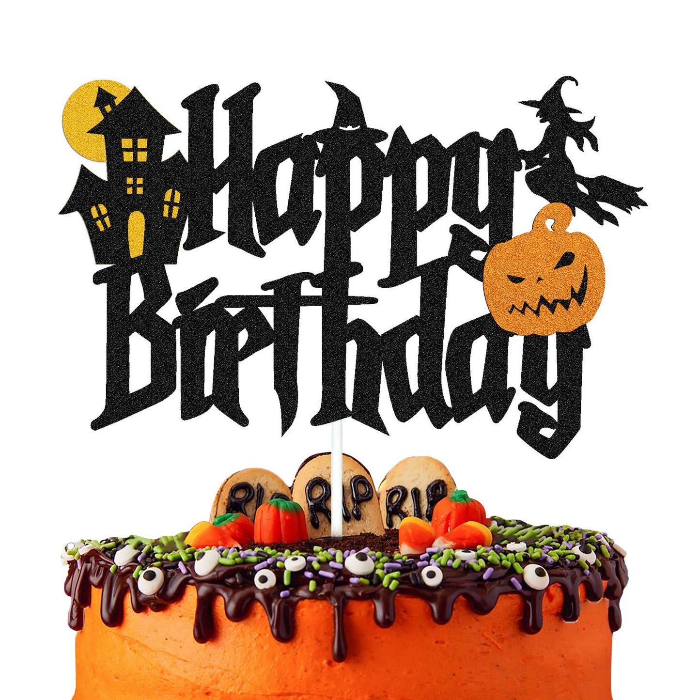 YOYMARR Halloween Cake Topper for Wizard Ghost Pumpkin Theme, Black Sparkle Decor, 7.3 x 4.75, Ideal for Birthday Party Supplies