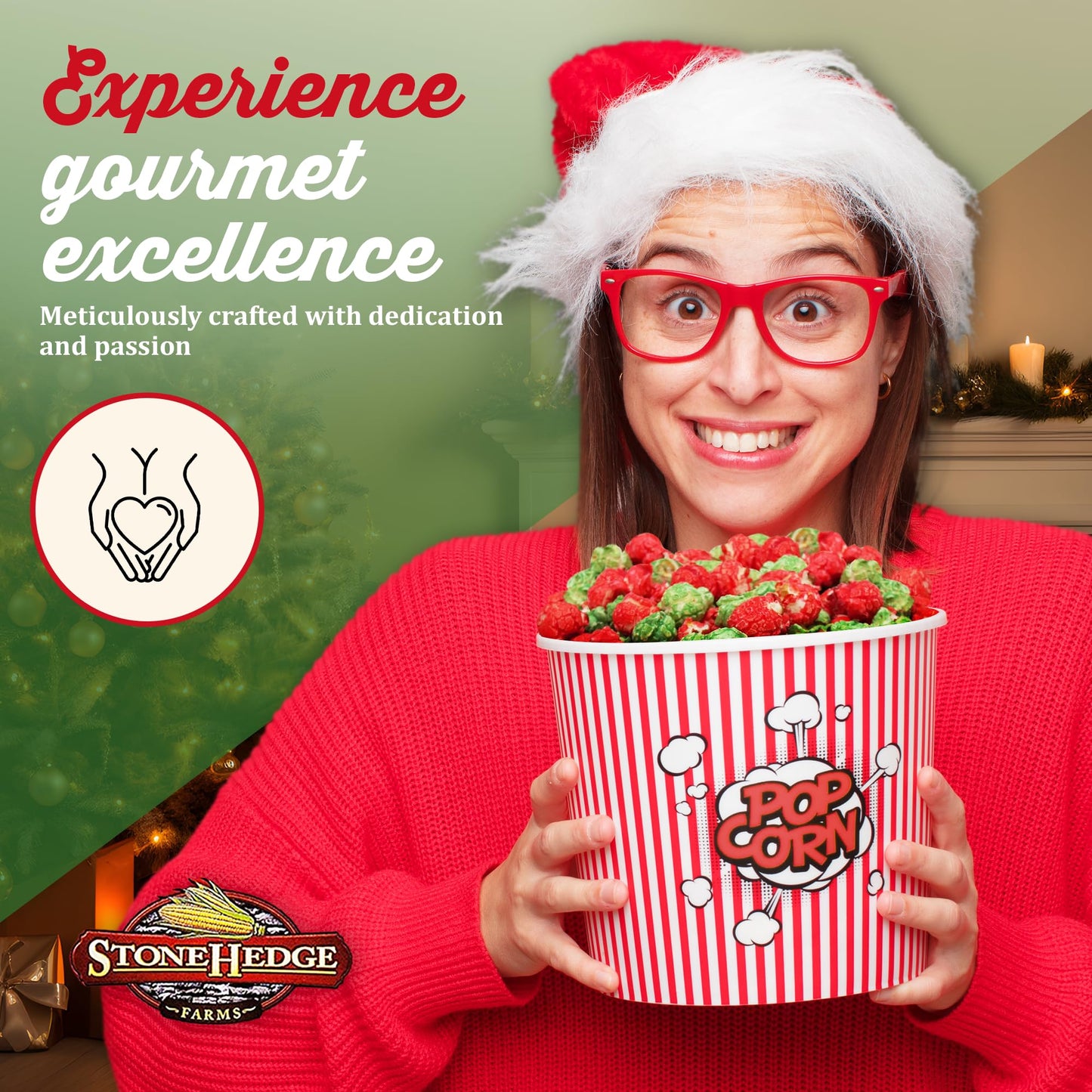 Stonehedge Farms Christmas Kettle Corn - 26 Ounce Barrel - Deliciously Old Fashioned - Red, And Green Popcorn