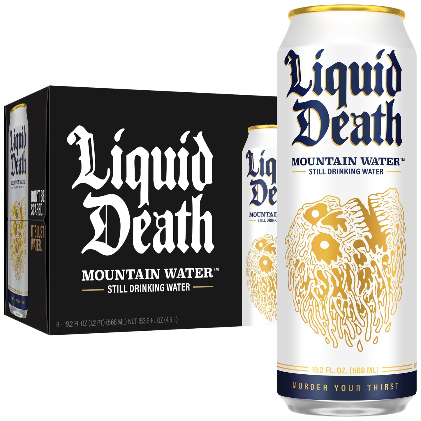 Liquid Death Still Mountain Water, 8-Pack of 19.2oz Cans, Infinitely Recyclable, American Made