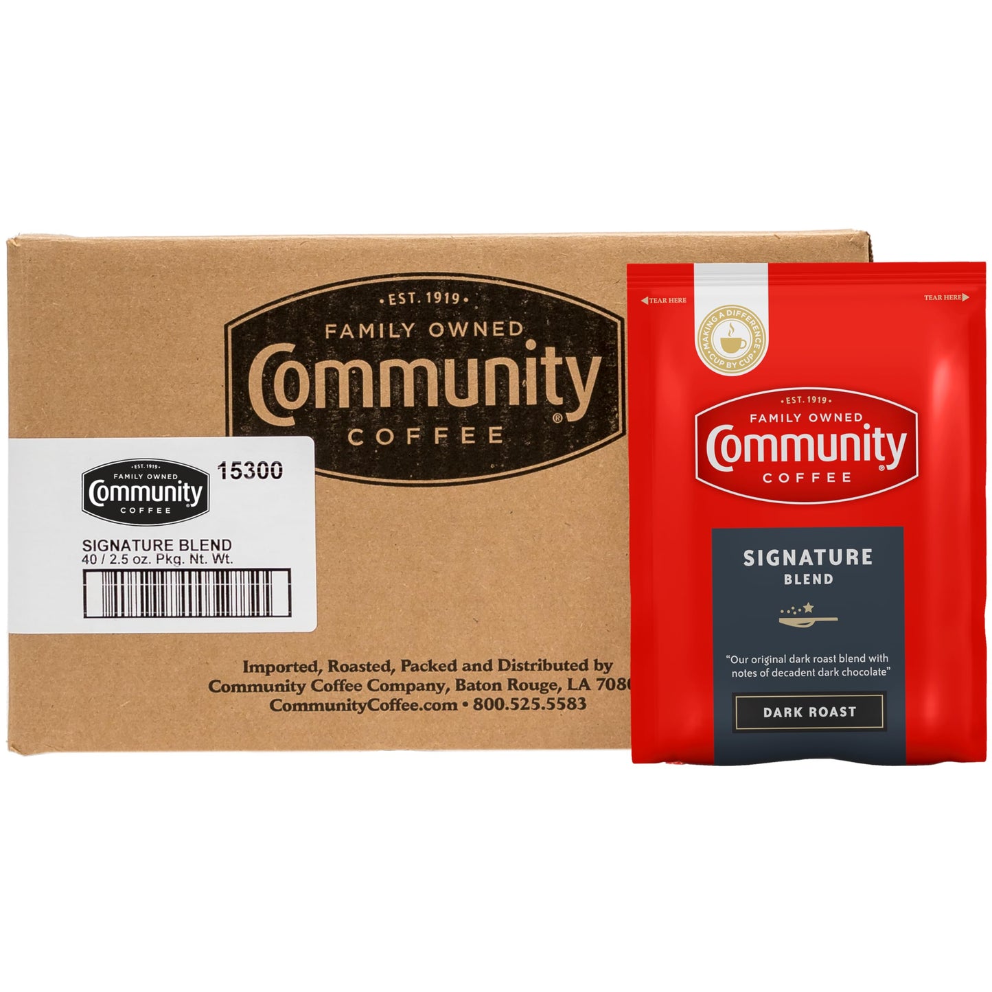 Community Coffee Signature Blend Dark Roast Coffee Packs, 2.5 Ounce Each, Box of 40, Model CCI15300