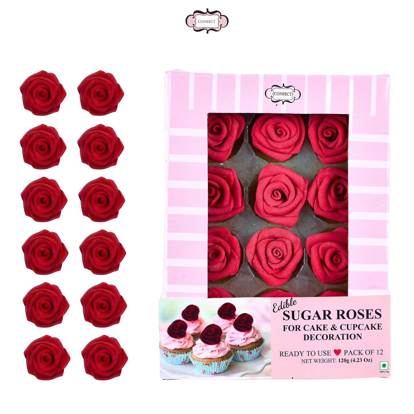 Confect Edible Rose Cake Toppers - Edible Roses For Cupcake & Cake Decorations- Vegan, Gluten-Free, Dairy-Free, Palm Oil-Free -E