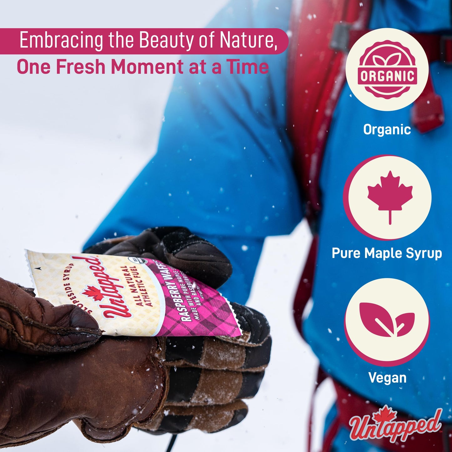 Untapped Organic Raspberry Waffles, Vegan Endurance Snacks, Sweetened with Maple Syrup, 1.05 oz Each, Box of 16