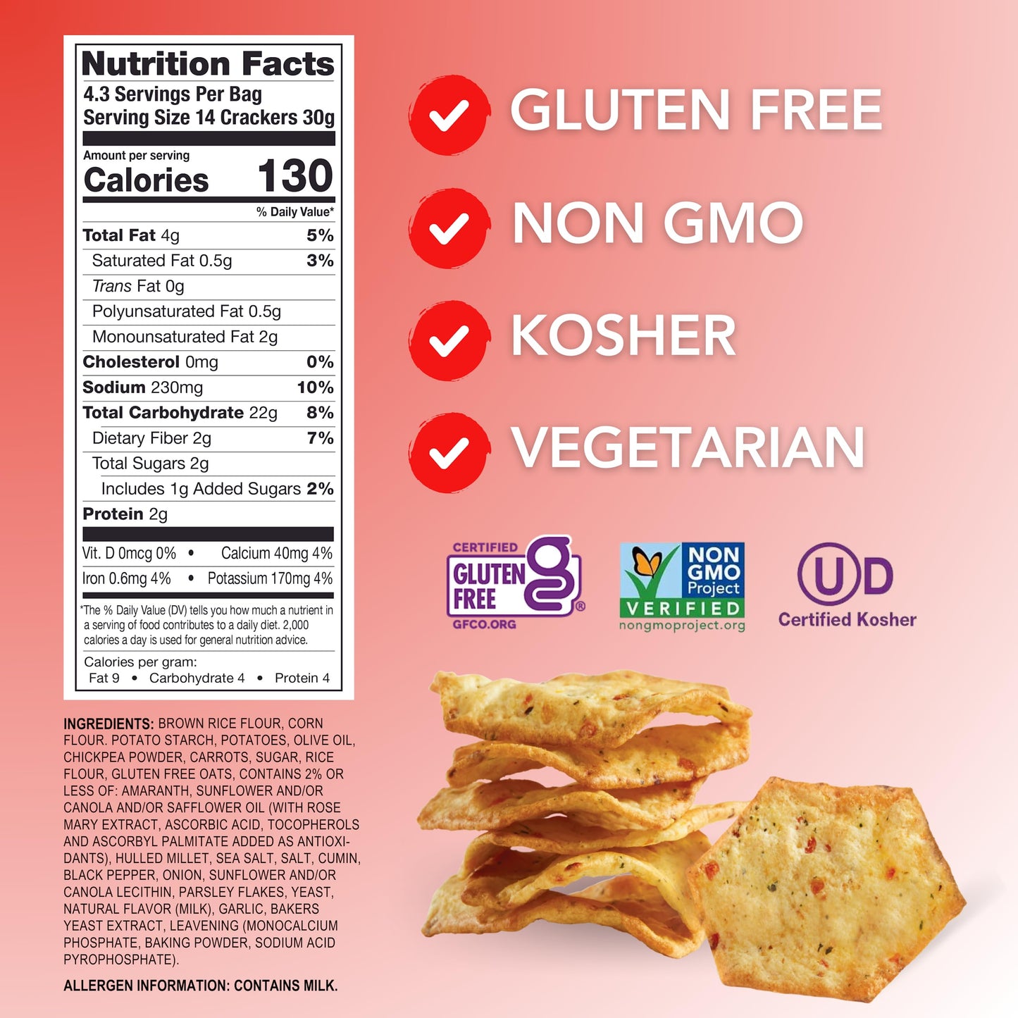 Milton'S Craft Bakers Gluten Free Fire Roasted Vegetable Crackers - Baked Vegetable Crackers, Non-Gmo Project Verified, Kosher,