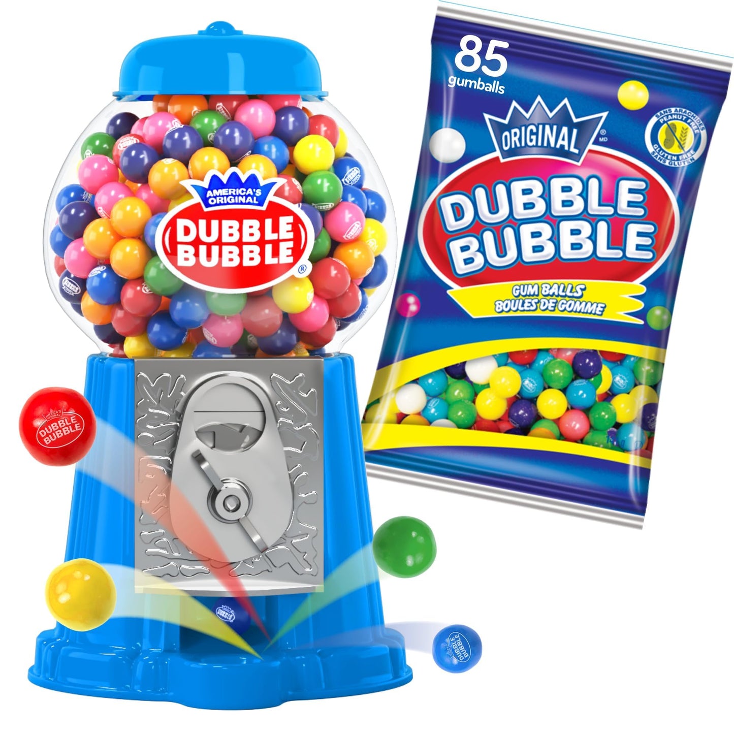 8.5'' Gumball Machine With 85 Gumballs - Coin-Operated, Double Bubble Gum Dispenser Bank Toy For Kids - Light Blue