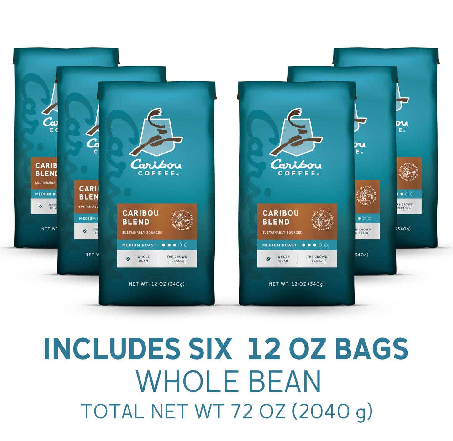 Caribou Coffee, Medium Roast Whole Bean Coffee - Caribou Blend 72 Ounces (6 Bags of 12 Ounces)