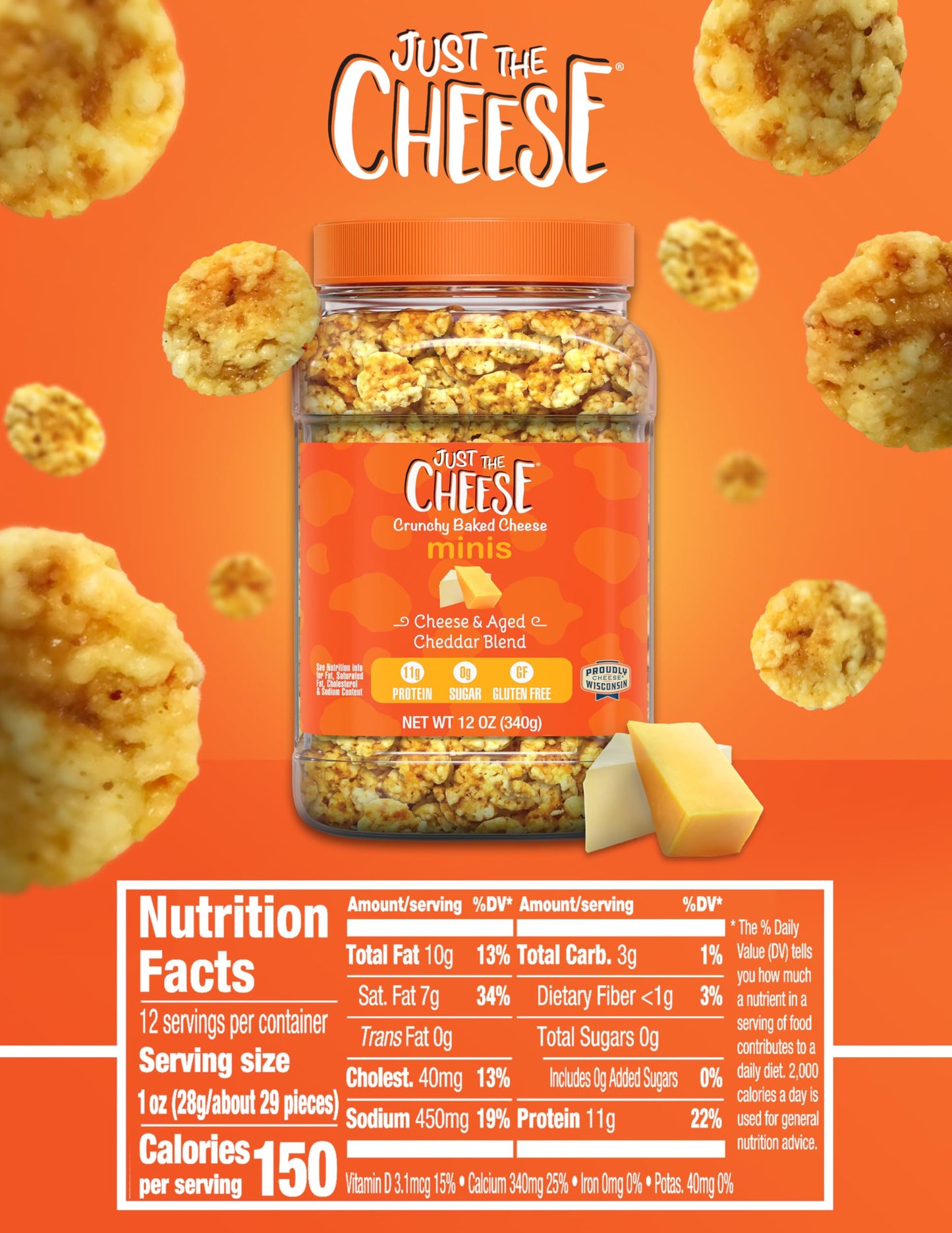 Just the Cheese Minis - Cheese & Aged Cheddar Blend Crisps  12 oz Jar  Delicious Low-Carb Lifestyle Protein Chips  High-Protein  Gluten-Free Crisps  Keto-Friendly  Zero Sugar  Perfect Snack for mature-themeds
