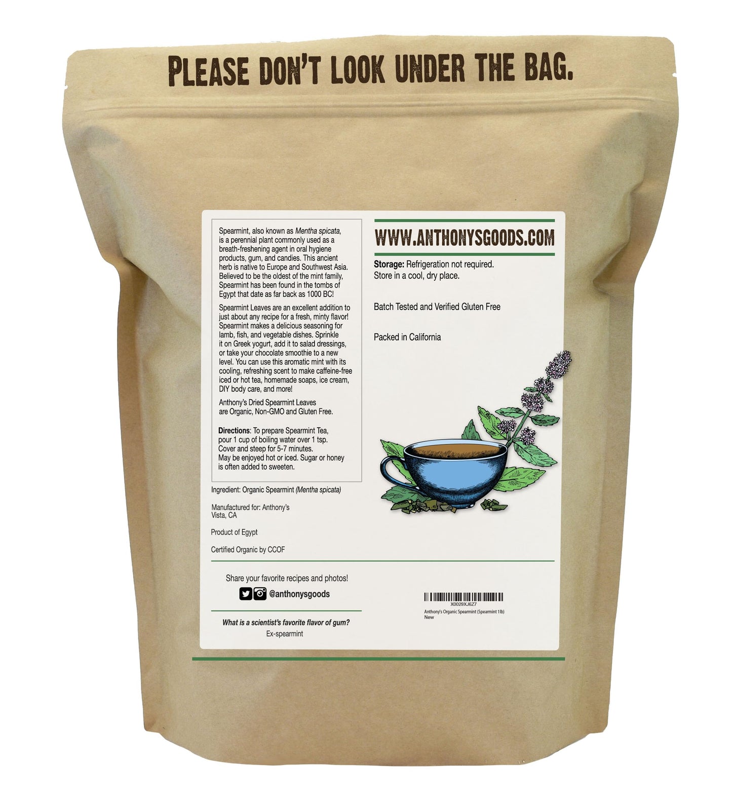 Anthonys Organic Dried Spearmint Leaves  1 lb  Gluten Free  Non GMO  Cut and Sifted