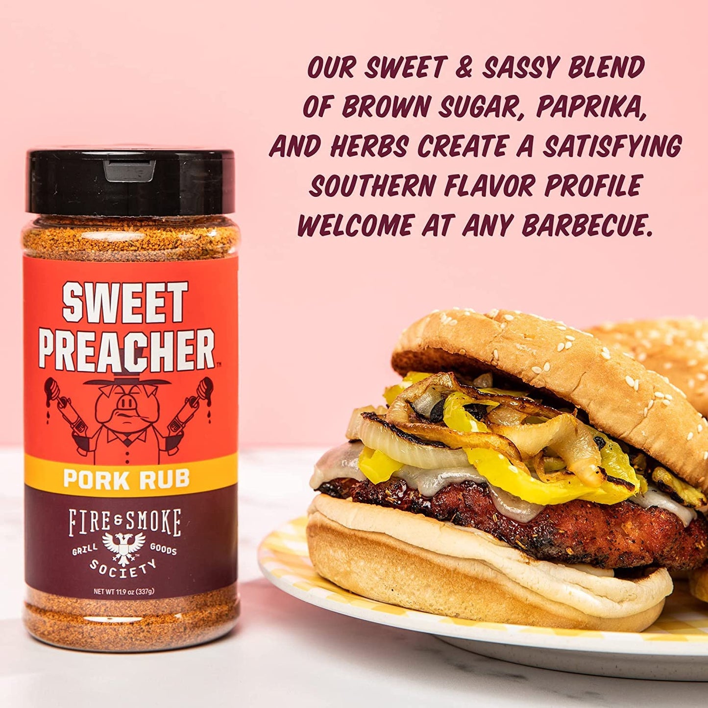Fire & Smoke Society BBQ Seasoning Sweet Preacher Pork Rub - 11.9 oz Dry Rub for smoky aroma & Grilling Meat