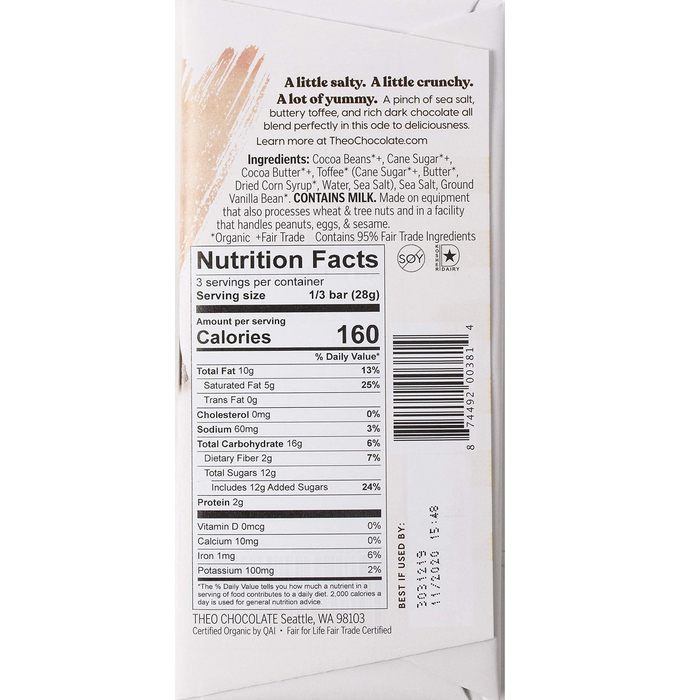 Theo Salted Toffee Organic Dark Chocolate Bar, 55% Cacao, 1 Bar | Fair Trade