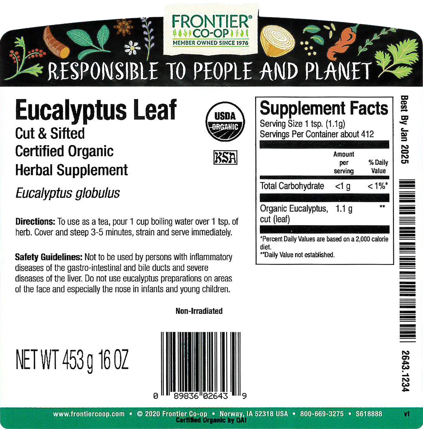 Frontier Eucalyptus Leaf Cut/Sifted Certified Organic, 16 Ounce Bag