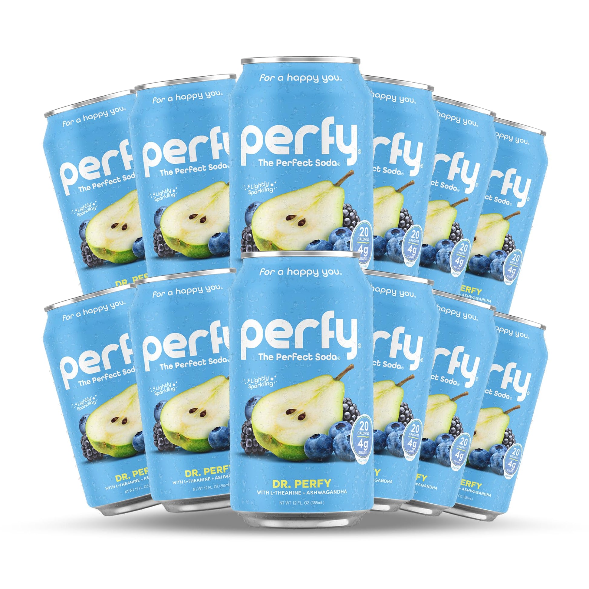 PERFY Caffeine Free Dr. Perfy Soda | Made With Real Fruit Juice - Low Sugar Nootropic Drink with L-Theanine + Ashwagandha | Calming Adaptogen Mocktail | Keto + GLP-1 Friendly (12-Pack Healthy Functional Soda Alternative)