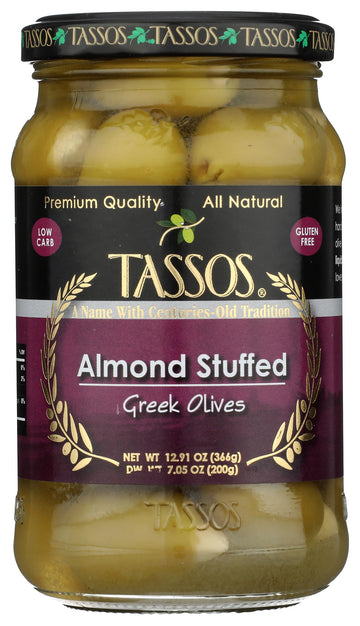 Tassos: In Sea Salt Brine Stuffed Almond Evian Olives, 13.10 Ounce