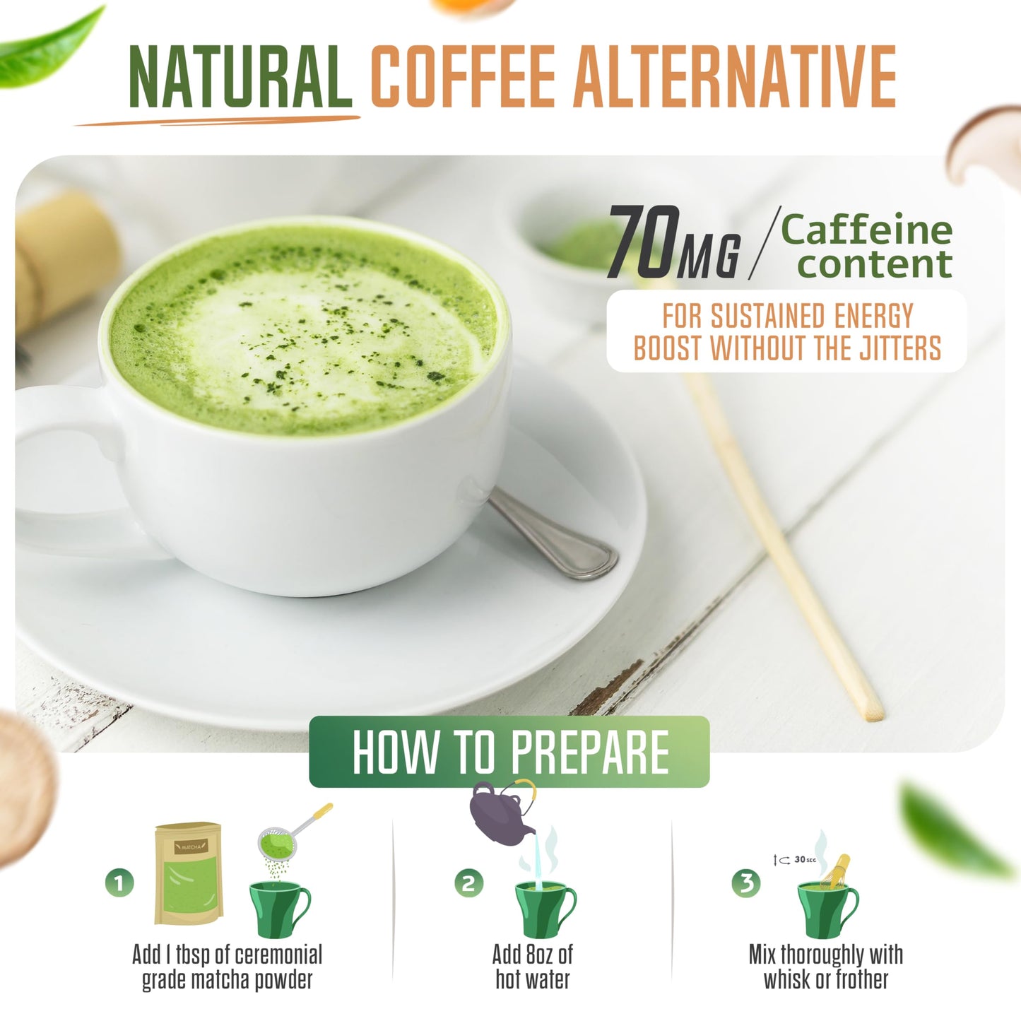 Revitealize Organic Matcha Mushroom Powder - Organic Ceremonial Grade Matcha Powder Blend Mushroom Coffee Alternative - Mushroom