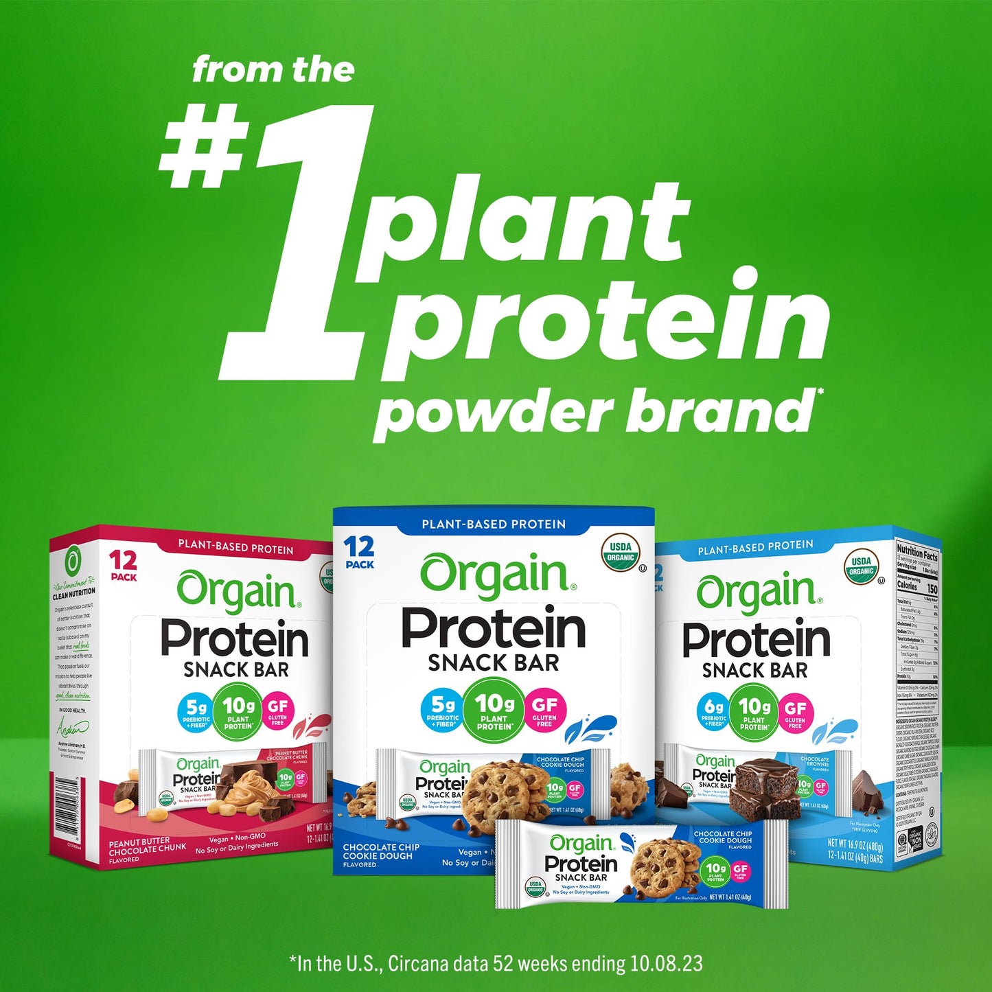 Orgain Organic Vegan Protein Bars, Peanut Butter Chocolate Chunk, 10g Protein, Gluten Free, Non-GMO, Pack of 12