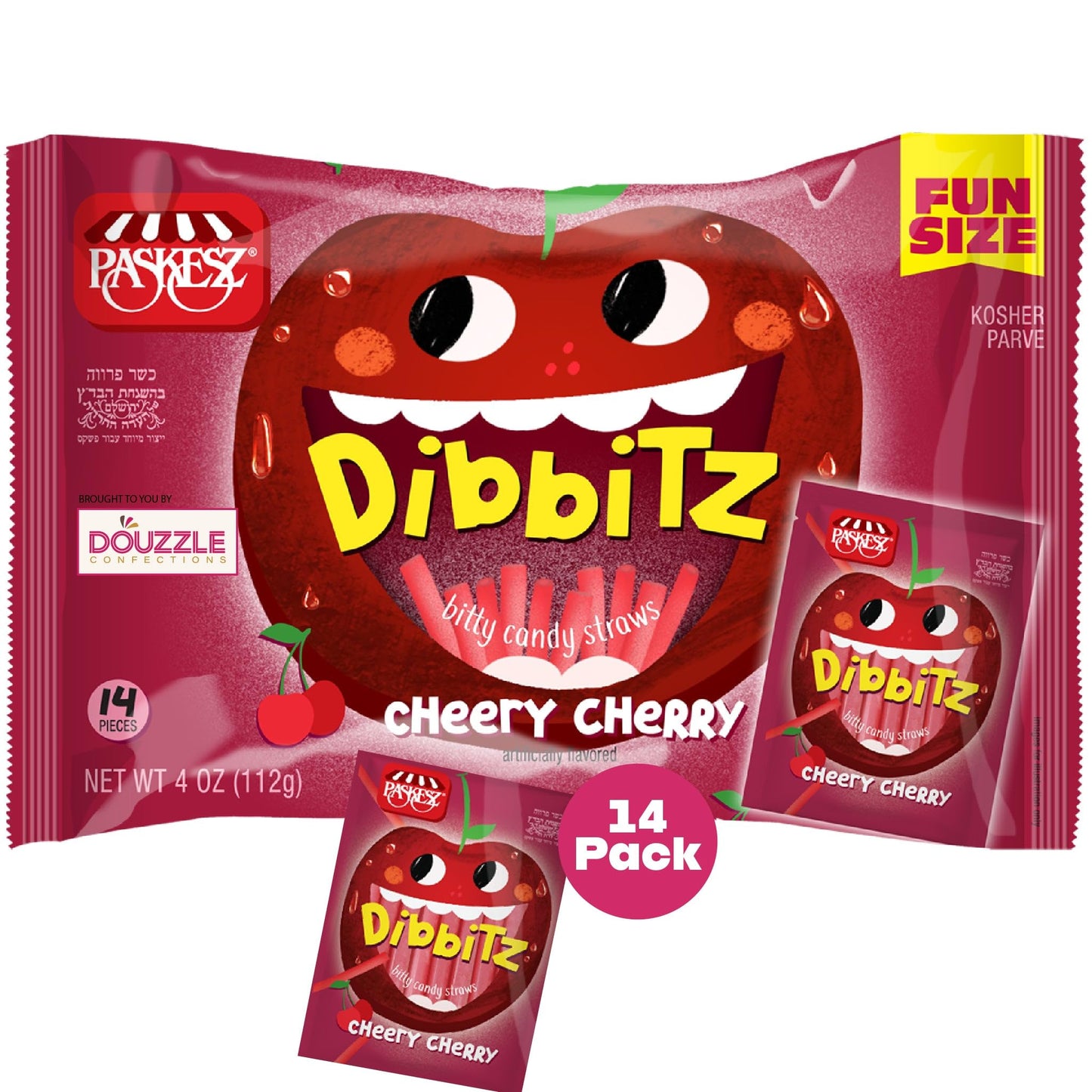 DOUzzle Dibbitz Cherry, Candy Filled Straw Sticks (14 Count, Pack of 1) Individually Wrapped Candies, Birthday Party Favors, Goo