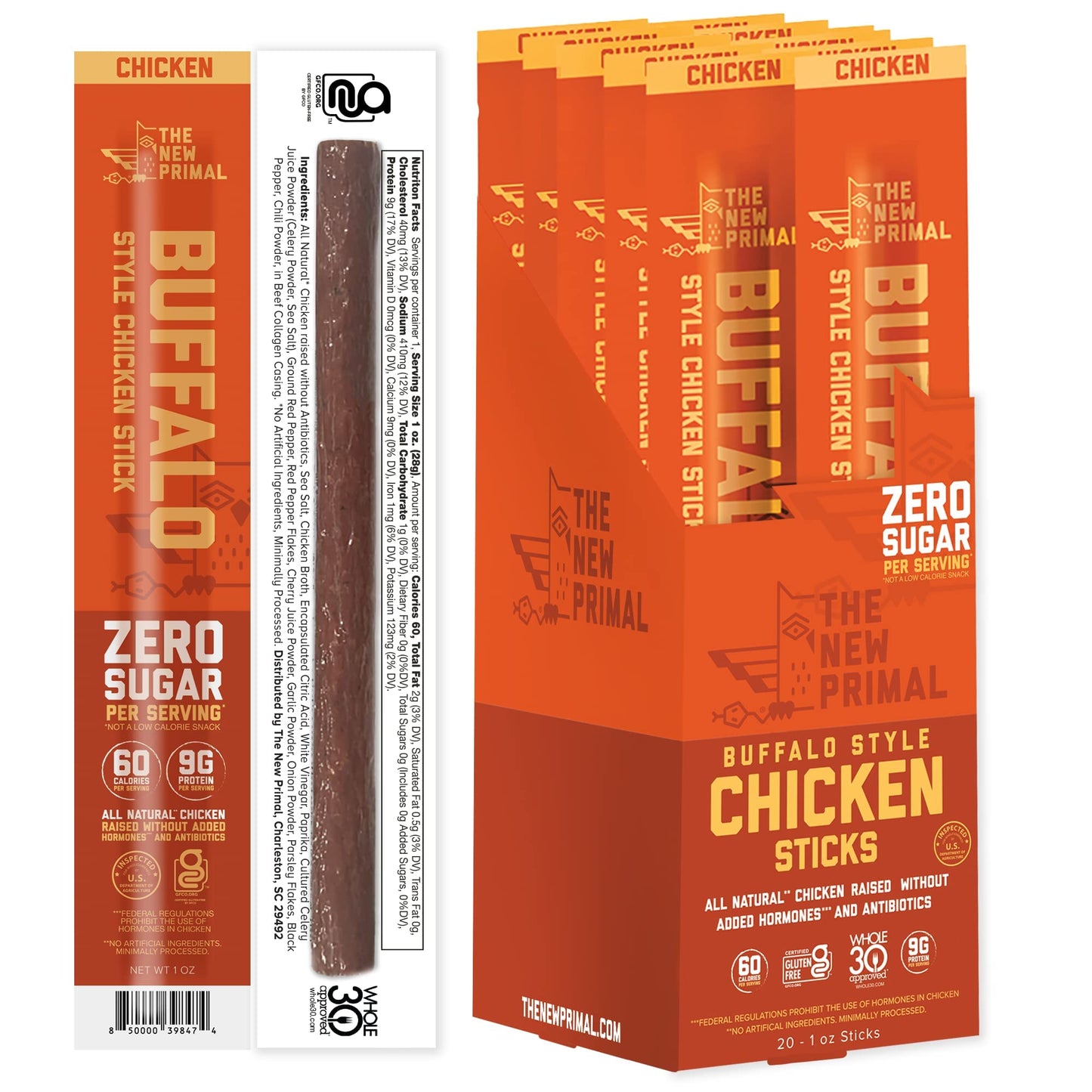 The New Primal All Natural Chicken Sticks, Buffalo Style, Keto & Gluten Free Healthy Snacks For Adults, Sugar Free Low Carb Snack, Paleo, 9G Protein, 60 Calories Buffalo Chicken, 20 Count