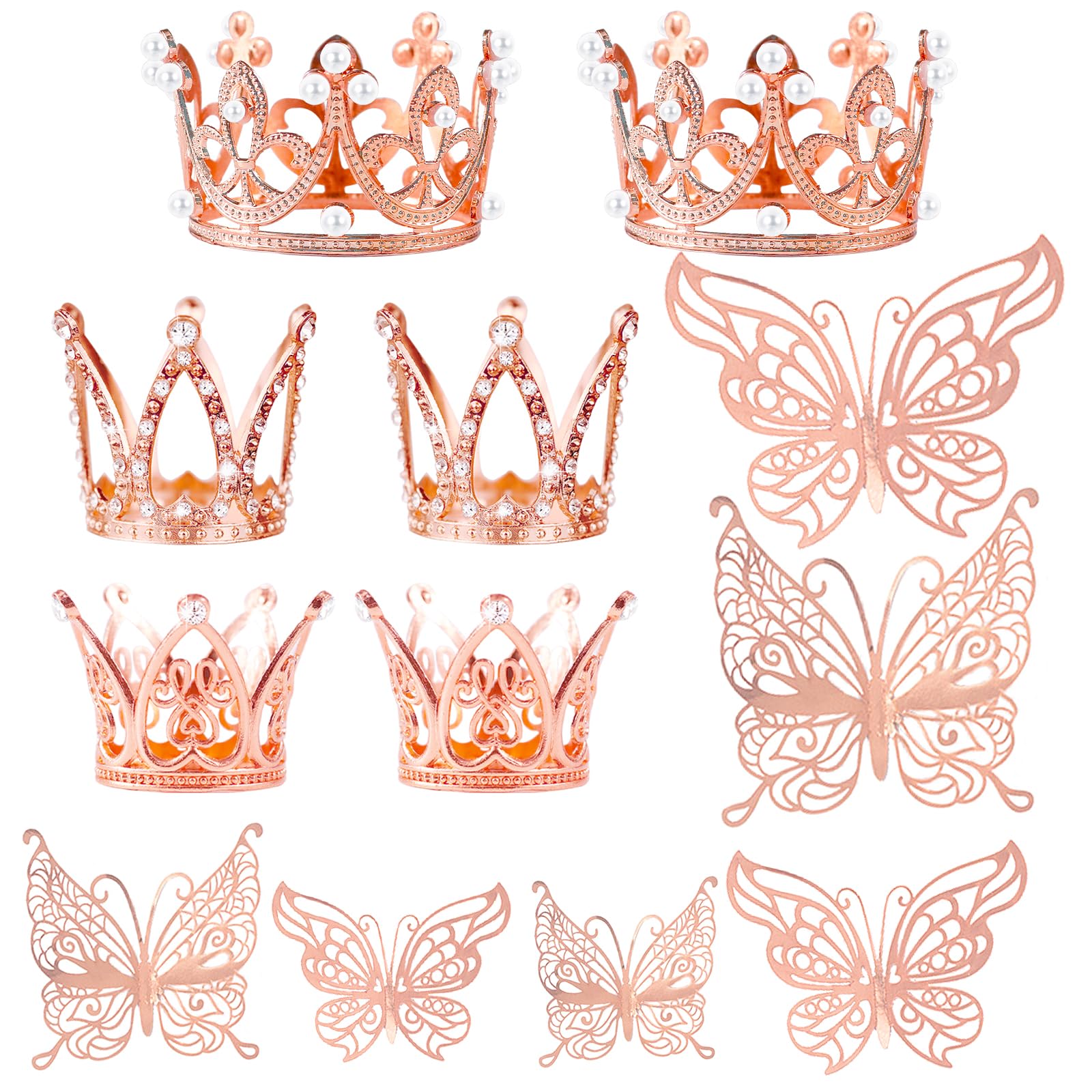30 Pieces Mini Crown Cake Topper Small Rose Gold Crown Mini Tiara With 3D Rose Gold Butterfly Decoration 3D For Flower Arrangeme