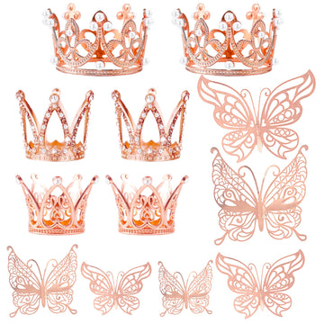 30 Pieces Mini Crown Cake Topper Small Rose Gold Crown Mini Tiara With 3D Rose Gold Butterfly Decoration 3D For Flower Arrangeme