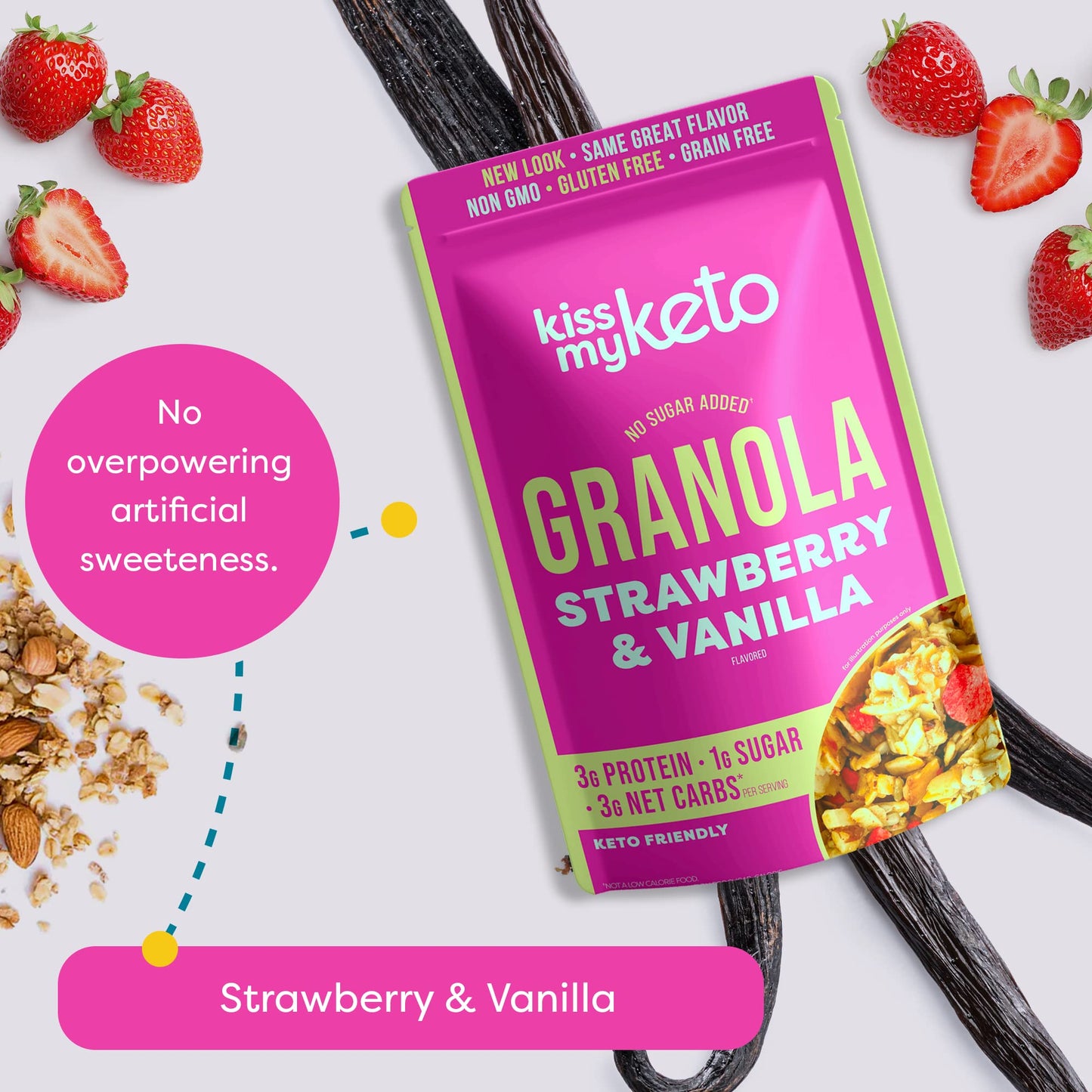 Kiss My Keto Granola Cereal - Strawberry Vanilla Keto Granola Low Carb Cereal (2G-Net) Low Sugar Granola (1G) - Grain Free Grano