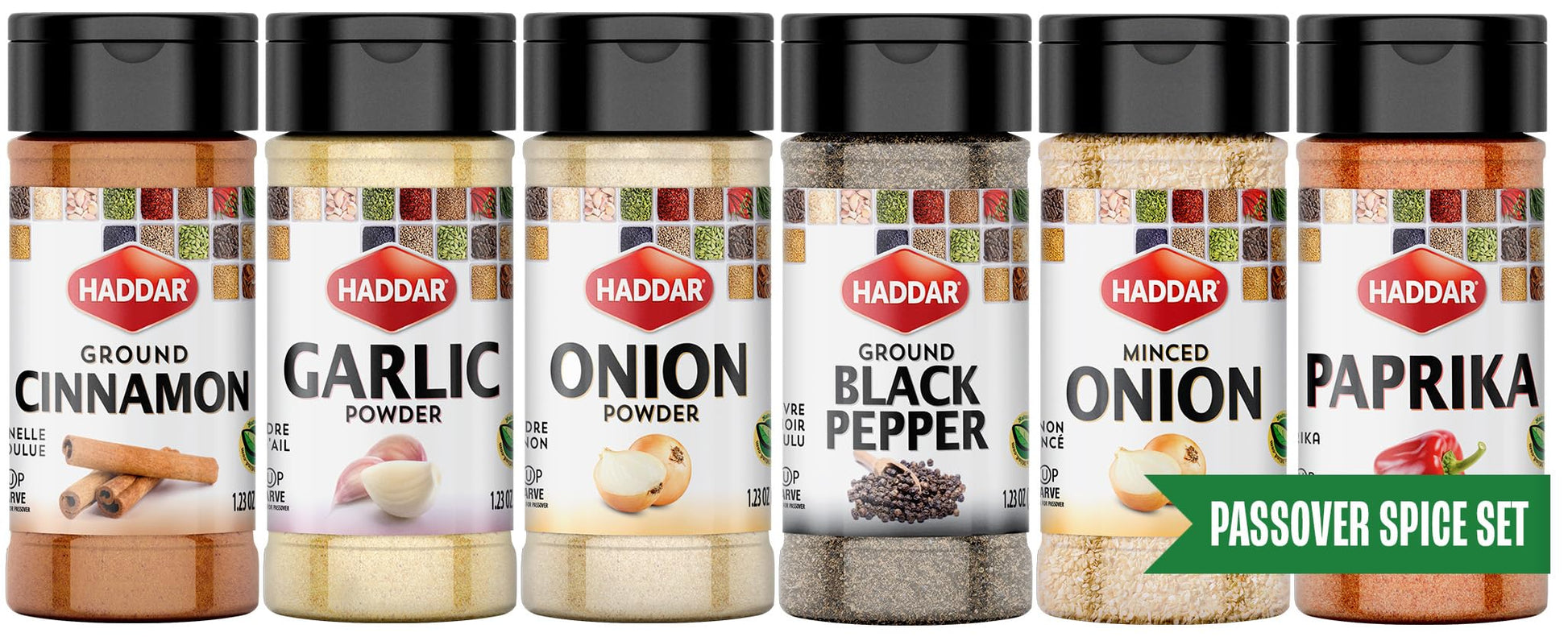 Haddar Passover Spice Set, 6 Essential Spices, 1.23 oz | Garlic Powder, Onion Powder, Paprika, Ground Black Pepper, Ground Cinna