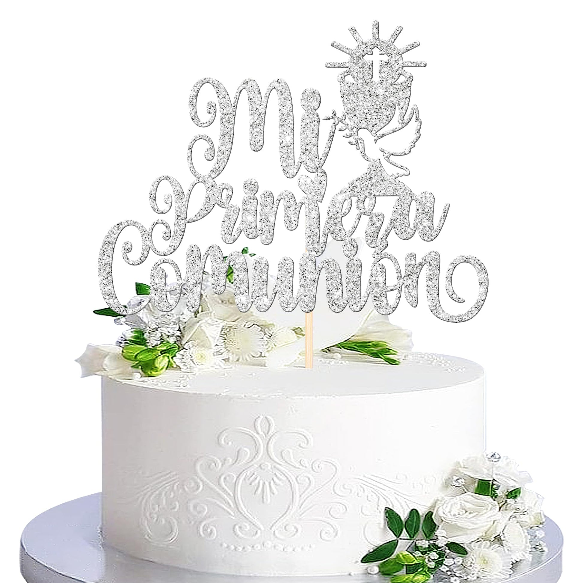 ZHUOWEISM Cake Topper Glitter First Communion Decoration for Kids Birthday Party - Silver Paper Design 10