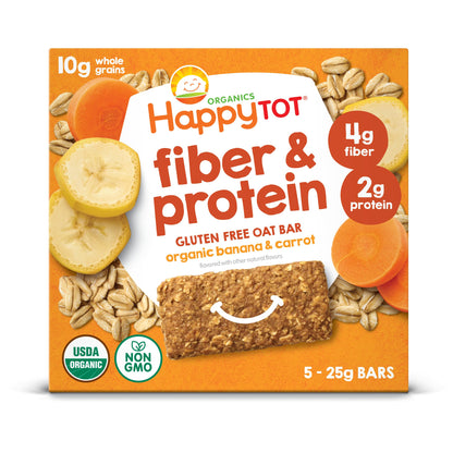 Happy Tot Organics Fiber & Protein Soft-Baked Oat Bars Organic Toddler Snack Banana & Carrot, 0.88 Ounce Bars, 5 Count Box (Pack