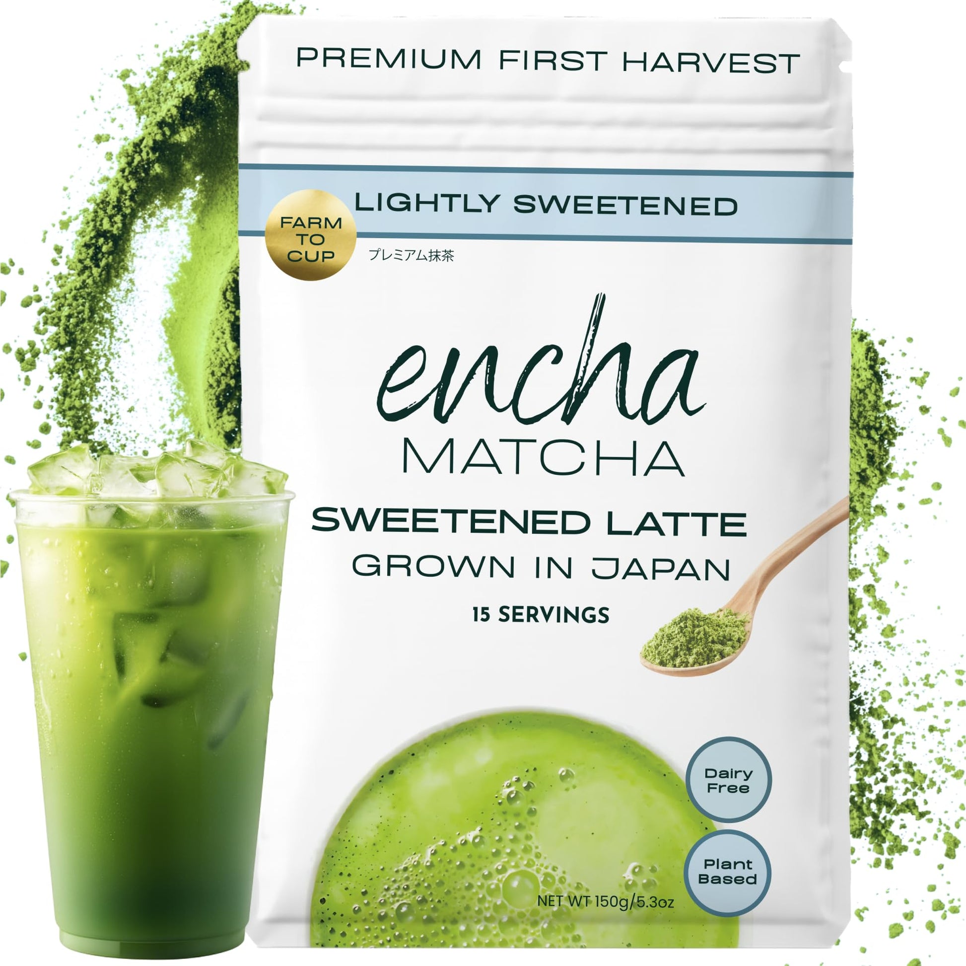 Encha Matcha Latte Powder Sweetened - Lightly Sweet Matcha Powder - First Harvest - Top-Grade Japanese Matcha - 150G / 5.3Oz