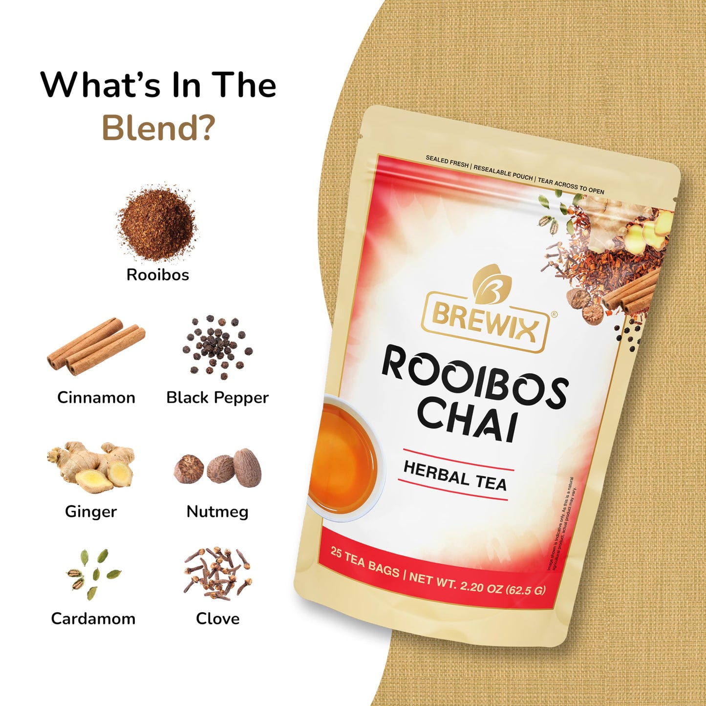 BREWIX Rooibos Chai Tea Bags, Caffeine-Free Herbal Tea, 25 Pyramid Bags