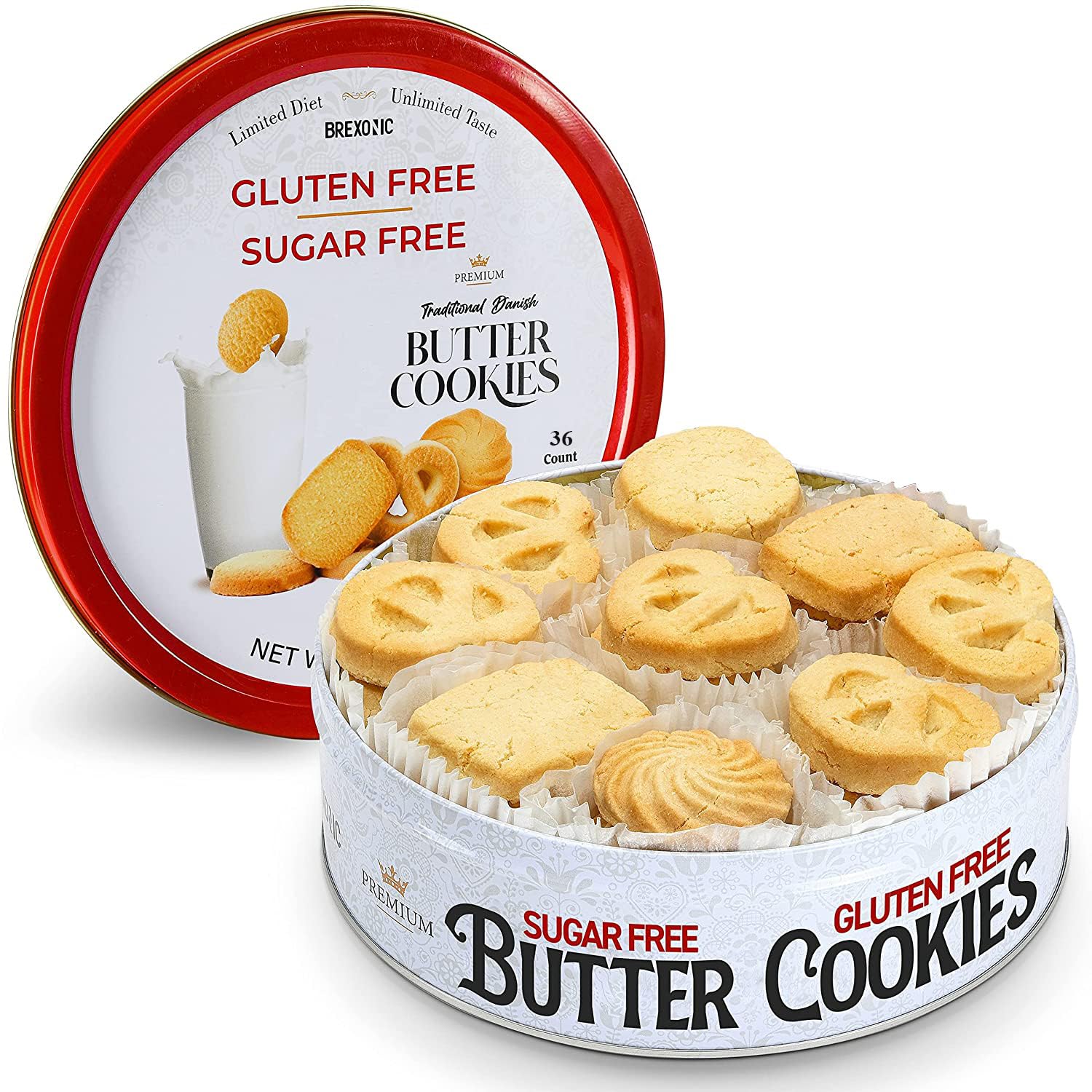 Gluten Free Sugar Free Butter Cookies 36 Count Traditional Danish Cookies, Premium Assorted Shortbread cookies for Diabetics (1 