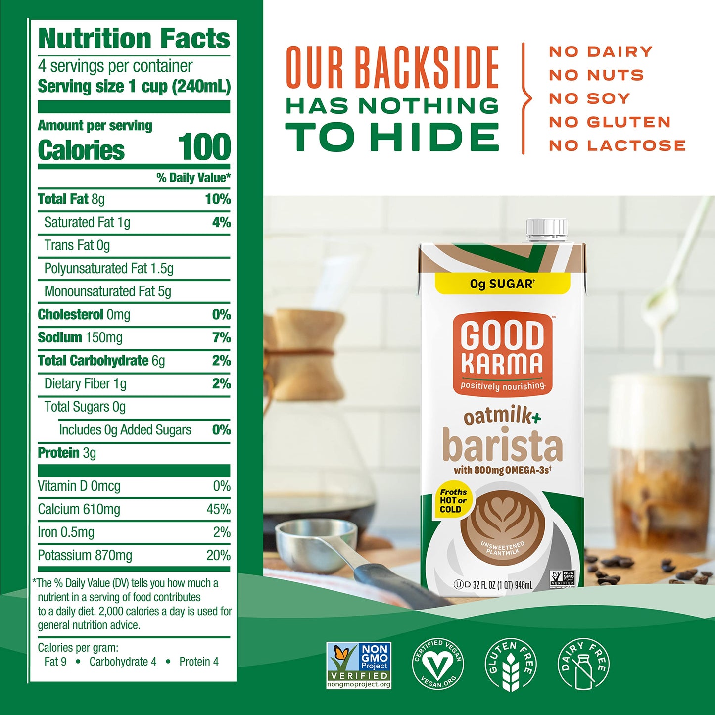 Good Karma Unsweetened Oatmilk + Barista Blend, 32 Ounce (Pack of 6), 800mg Omega -3s, Plant-Based Non-Dairy Milk Creamer Altern