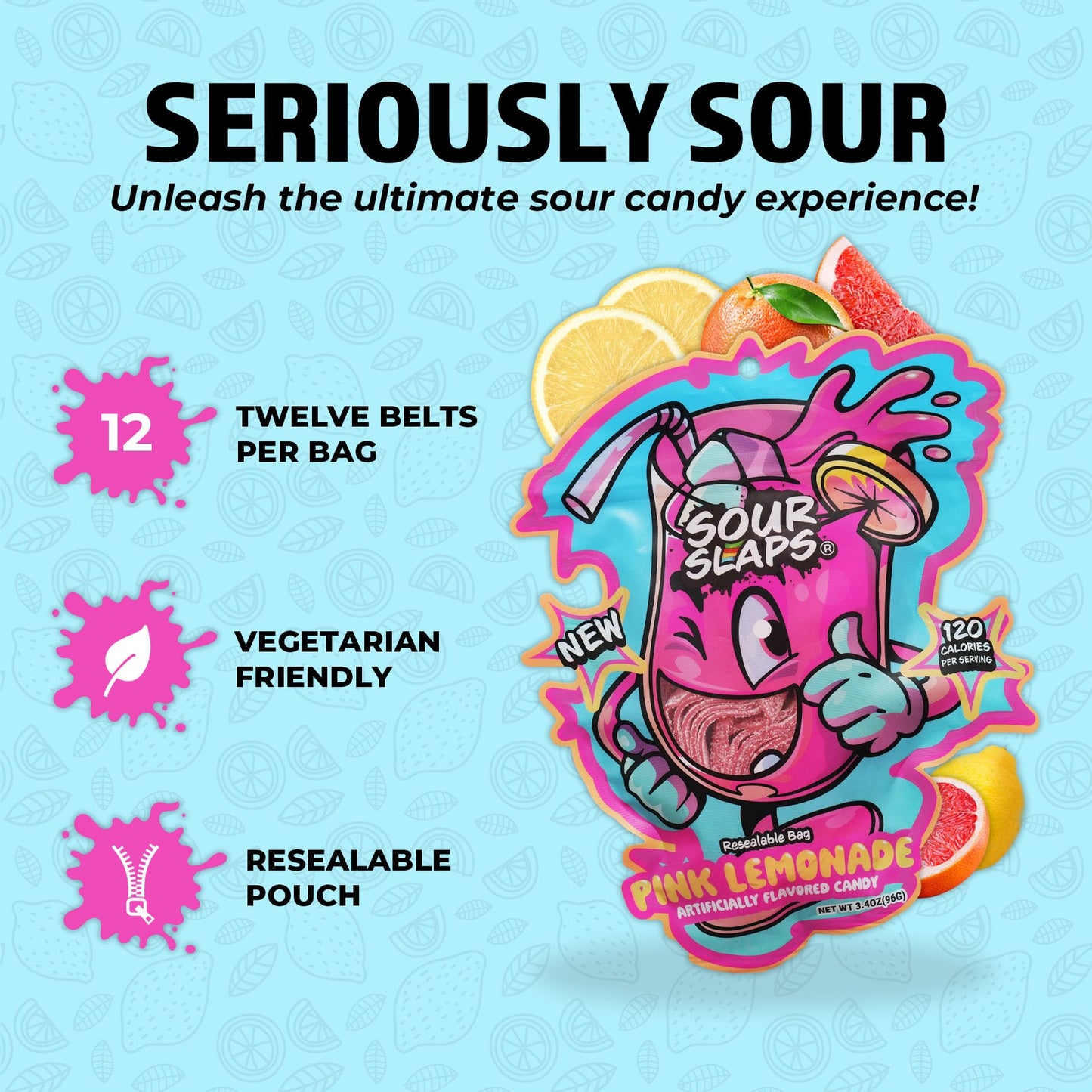 Sour Slaps Sour Candy Belts 3-Pack - Deliciously Chewy, Extreme Sour, Vegetarian, Pink Lemonade Flavor, Multi-color, Medium Size