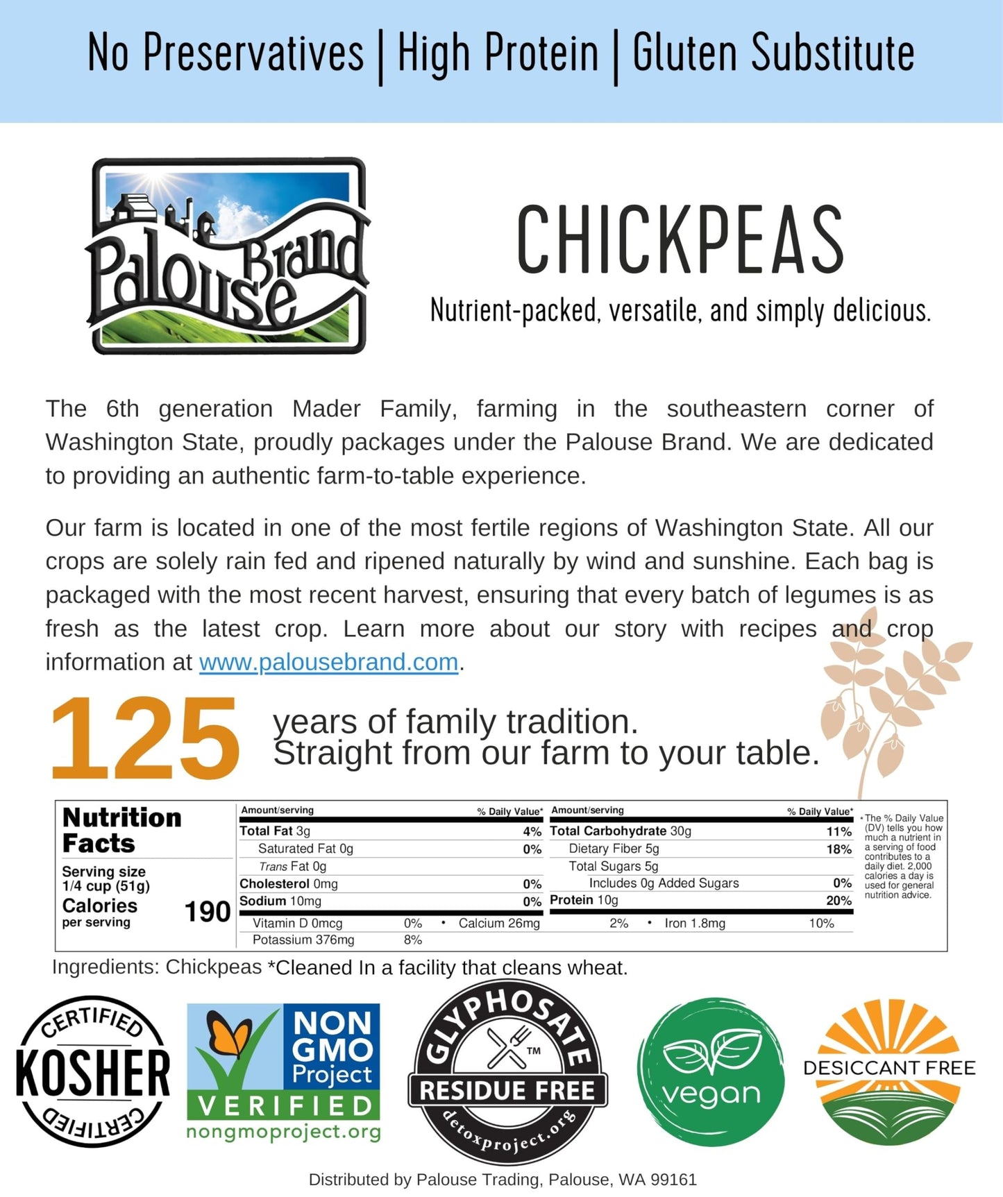 Palouse Brand Certified Glyphosate Residue Free Chickpeas | Garbanzo Beans | 5 lbs | Family Farmed in Washington State | Non-GMO