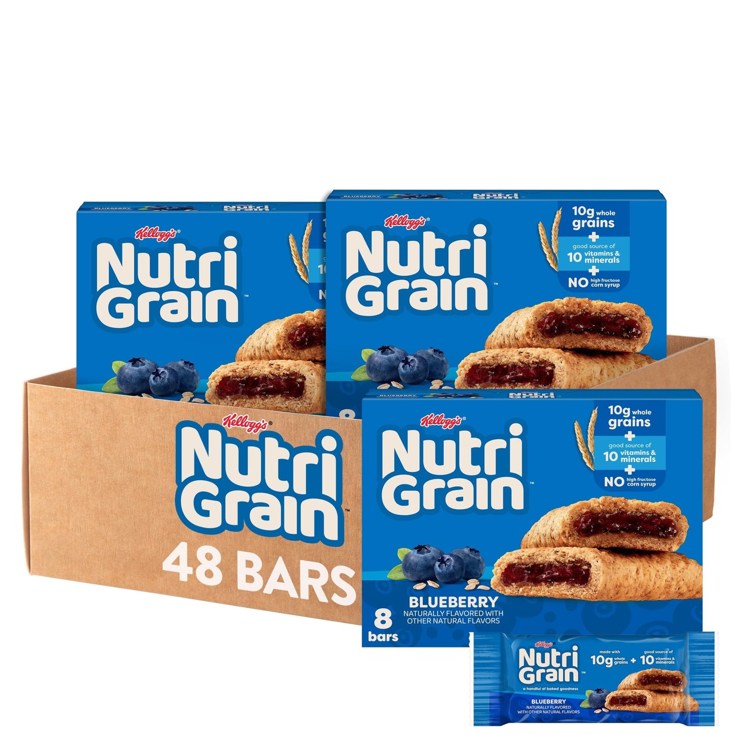 Nutri-Grain Soft Baked Breakfast Bars, Kids Snacks, Whole Grain, Blueberry (6 Boxes, 48 Count)