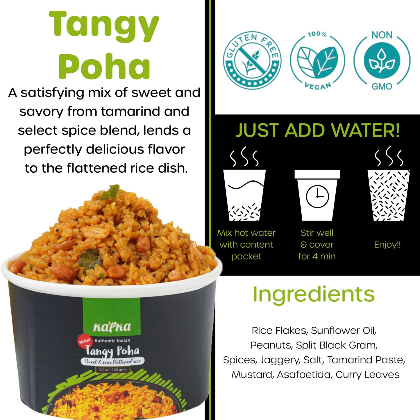KAPKA Tangy Poha Cups - Vegan Ready-to-Eat Indian Food - 5 Pack - 3.5oz/100g