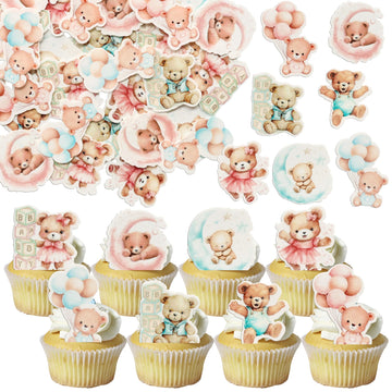 Gyufise 48Pcs Baby Shower Bear Cupcake Toppers - Blue, Pink - 1.8x1.4 Inch - Edible, Safe for Cakes, Cookies, Fruits - Baby Show