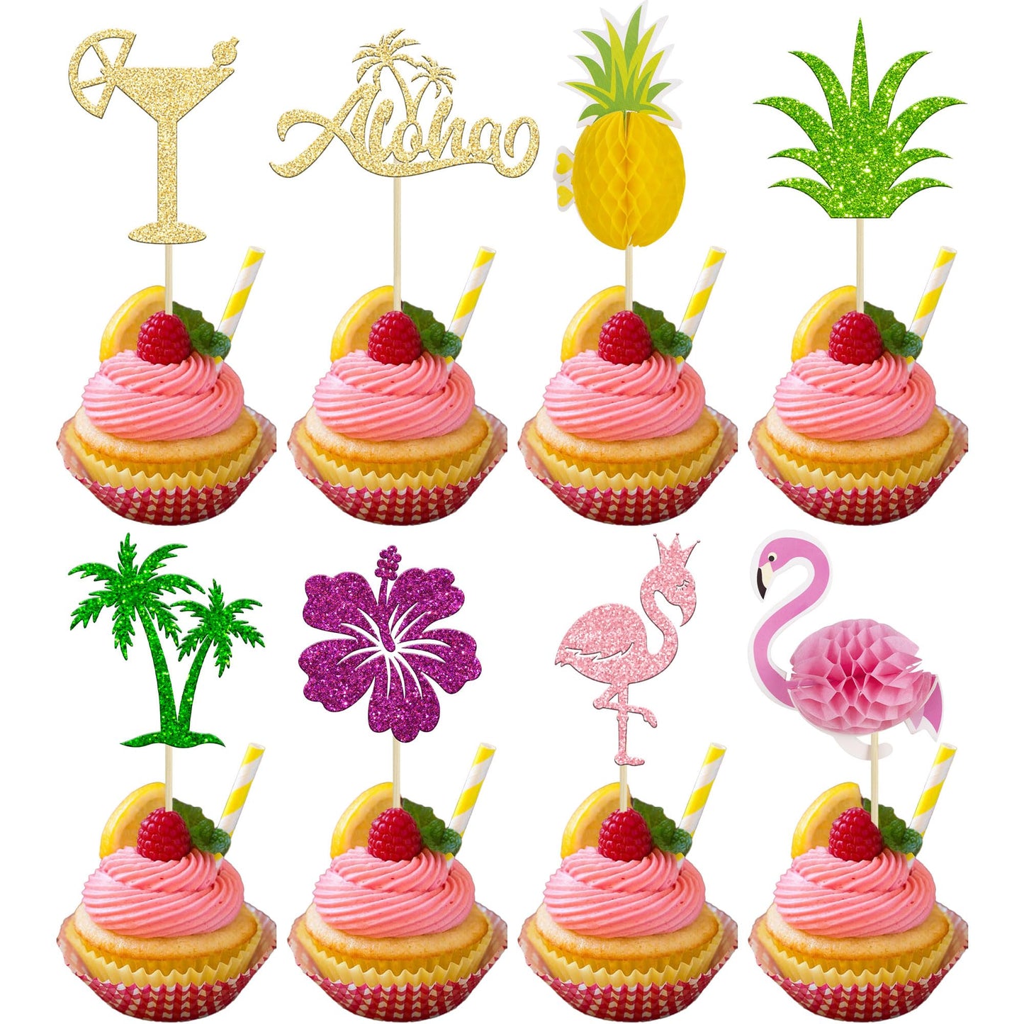 Gyufise 32Pcs Tropical Cupcake Toppers, Paper, Luau Theme, Small Size, Flamingo Design for Baby Shower and Wedding Party Decor