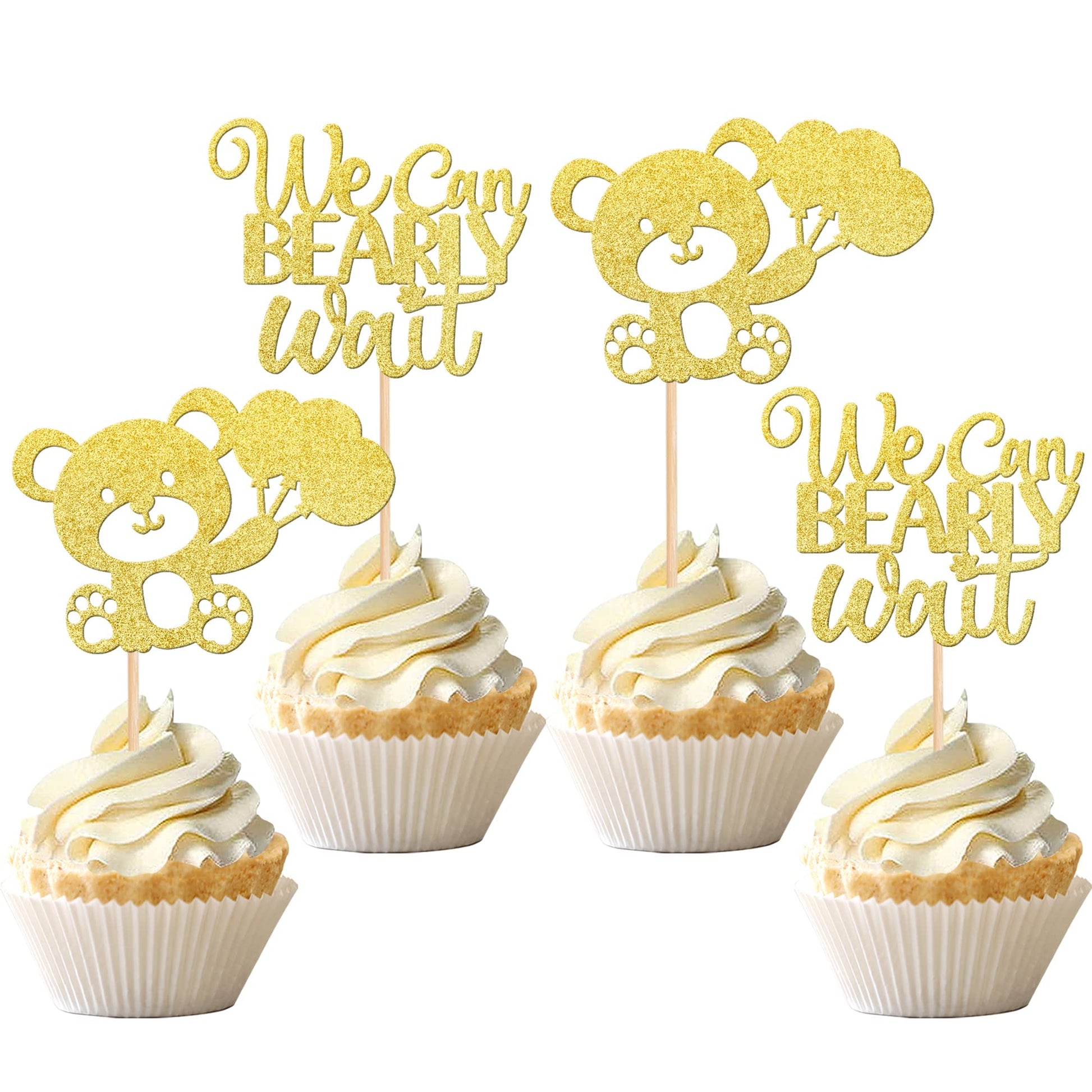 24 Pcs We Can Bearly Wait Cupcake Toppers Glitter Balloon Bear Cupcake Picks For Gender Reveal Baby Bear Theme Baby Shower Kids