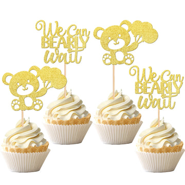 24 Pcs We Can Bearly Wait Cupcake Toppers Glitter Balloon Bear Cupcake Picks For Gender Reveal Baby Bear Theme Baby Shower Kids