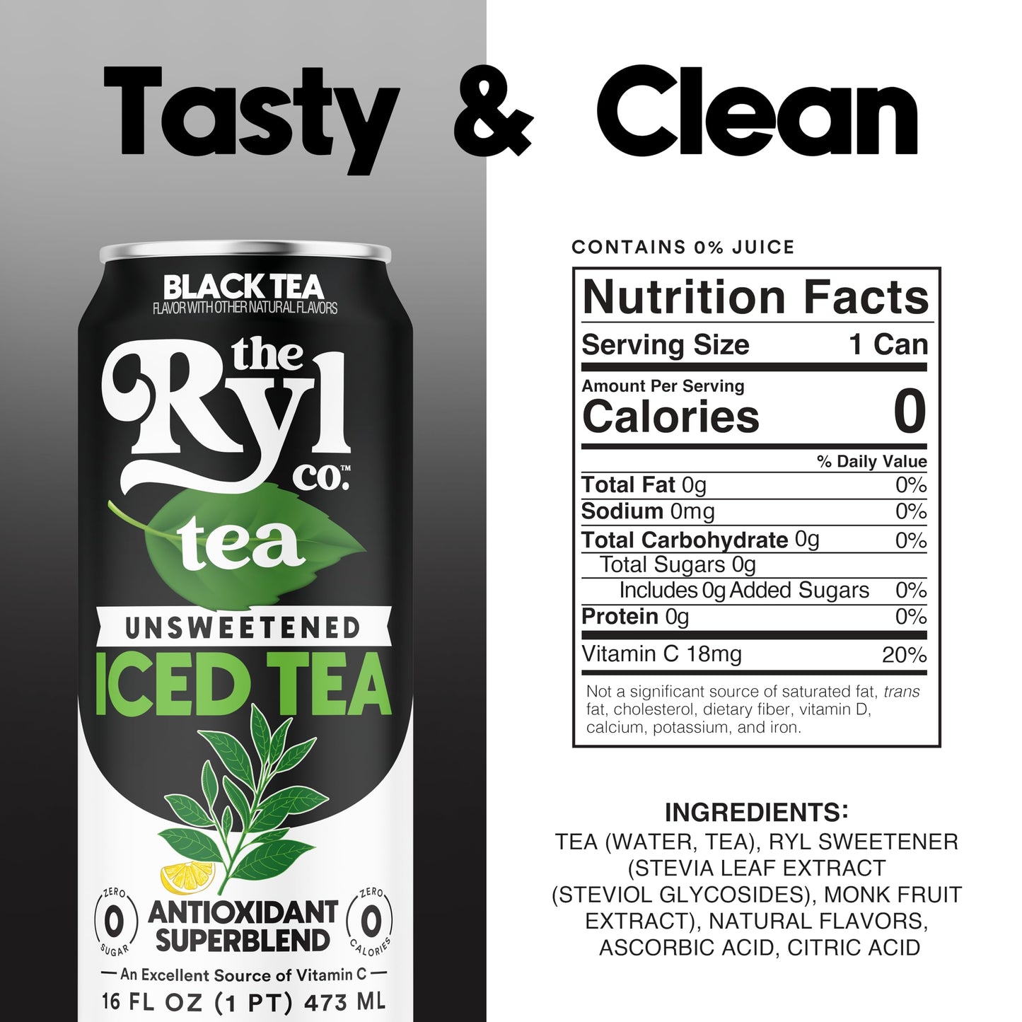 Ryl Unsweetened Black Iced Tea, 12-Pack (16oz), Zero Sugar, Low Carb, Non-GMO, Antioxidant Superblend, Gluten Free, Kosher