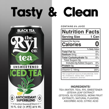 Ryl Unsweetened Black Iced Tea, 12-Pack (16oz), Zero Sugar, Low Carb, Non-GMO, Antioxidant Superblend, Gluten Free, Kosher