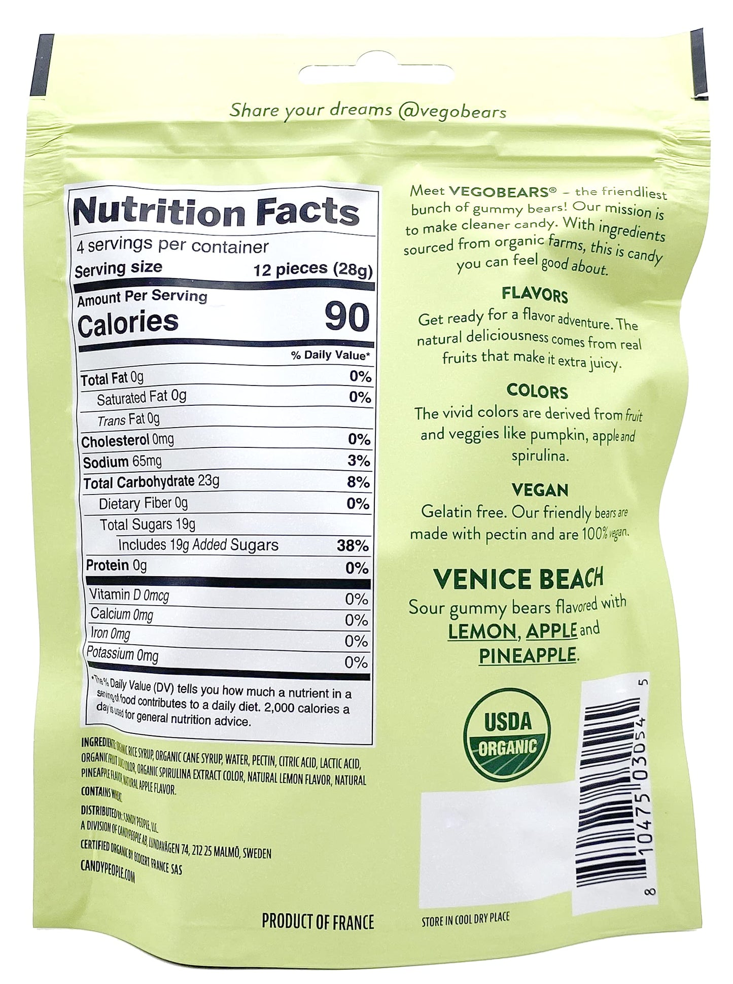 Candy People VegoBears Venice Beach Vegan Gummy Bears Organic Gummy Bears, Non-GMO, Lemon, Apple, & Pineapple Sour Gummies 4 Oun