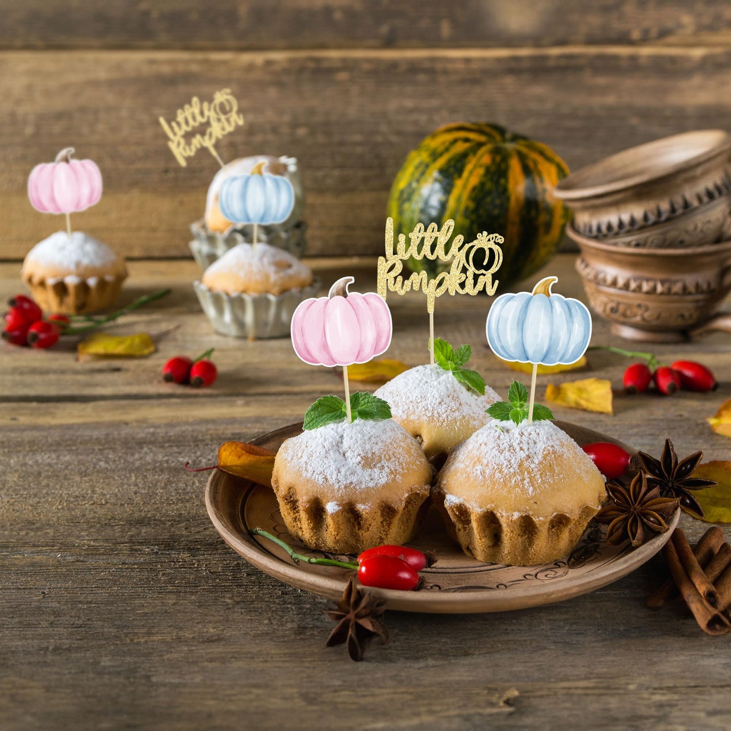 Gyufise 24Pcs Little Pumpkin Cupcake Toppers Blue Pink Pumpkin Cake Toppers Gender Reveal Cake Decorations For Thanksgiving Birt