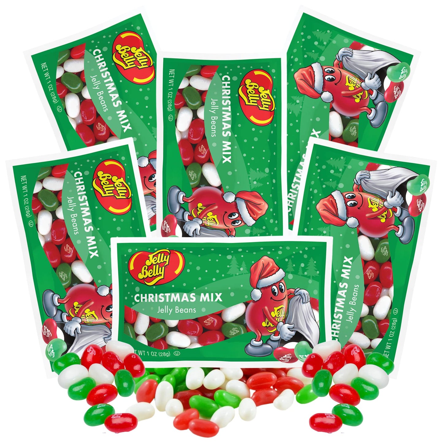 Needzo Christmas Mix Jelly Beans, Very Cherry, Green Apple, Coconut, 1 Ounce Packets, Multi-Color, Pack of 6