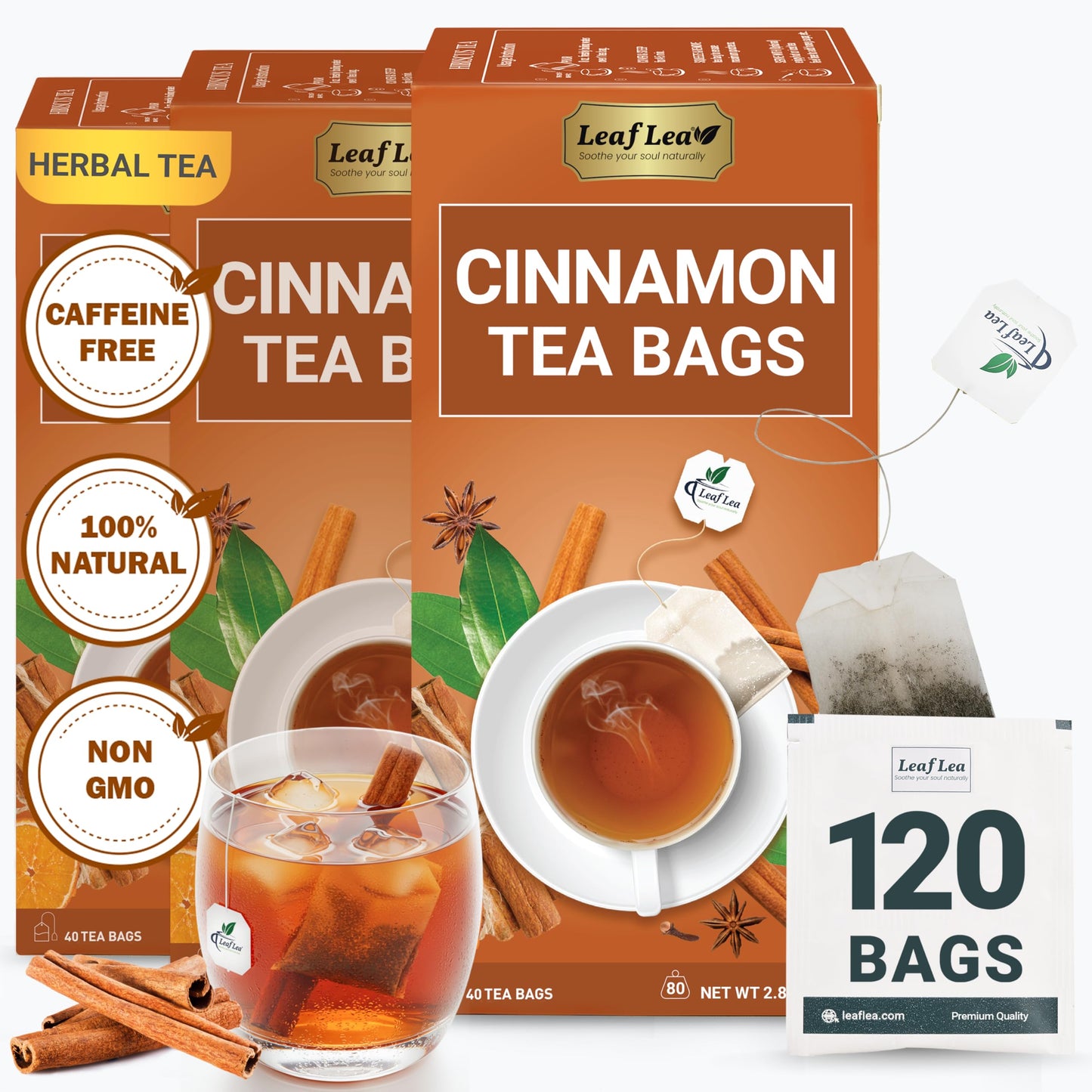 LeafLea Premium Herbal Cinnamon Tea Bags, Caffeine-Free, Sugar-Free, Non-GMO, Vegan, 120 Bags (Pack of 3)